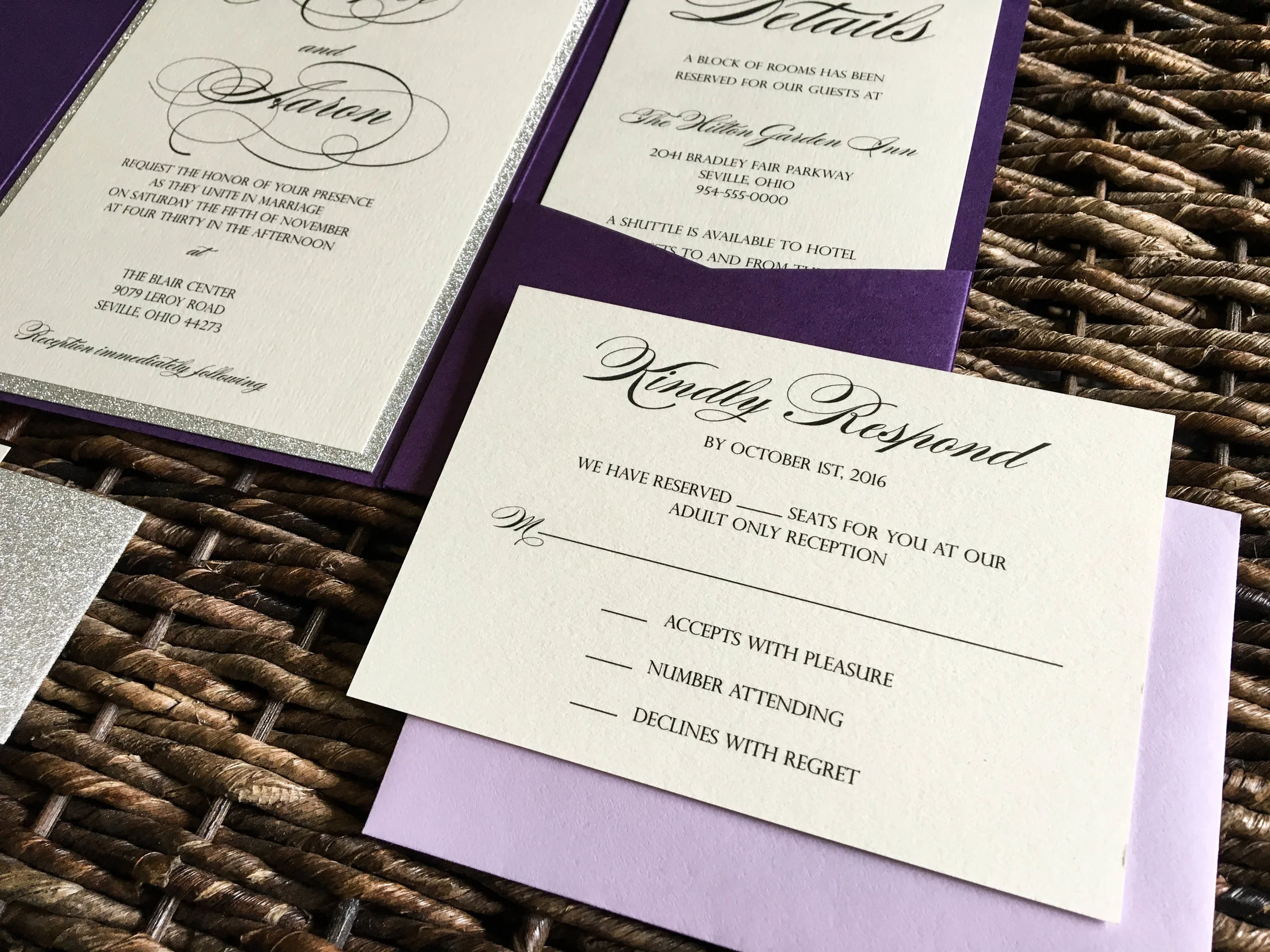purple and silver glitter pocket invitation