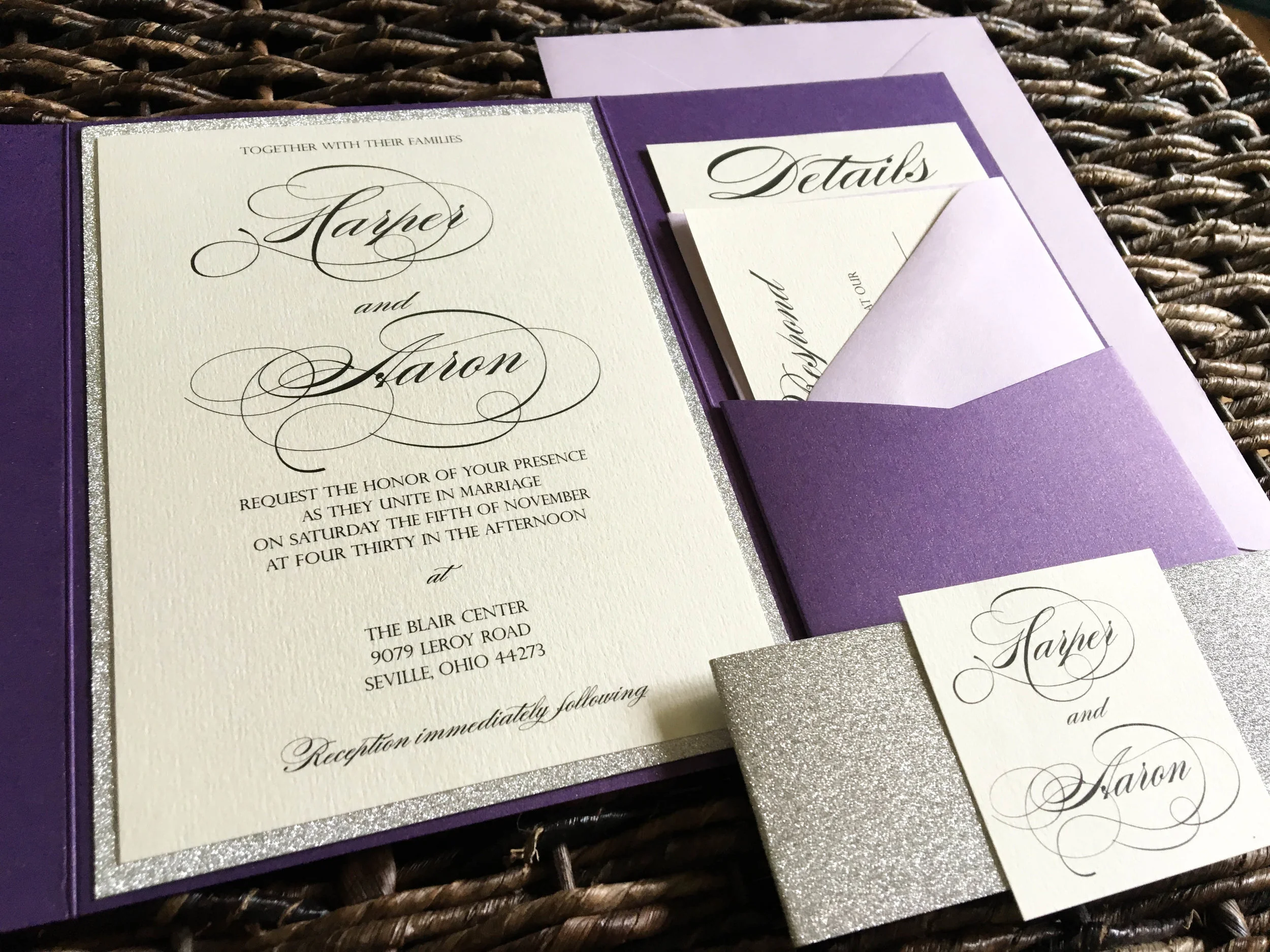 plum and silver glitter wedding invitation