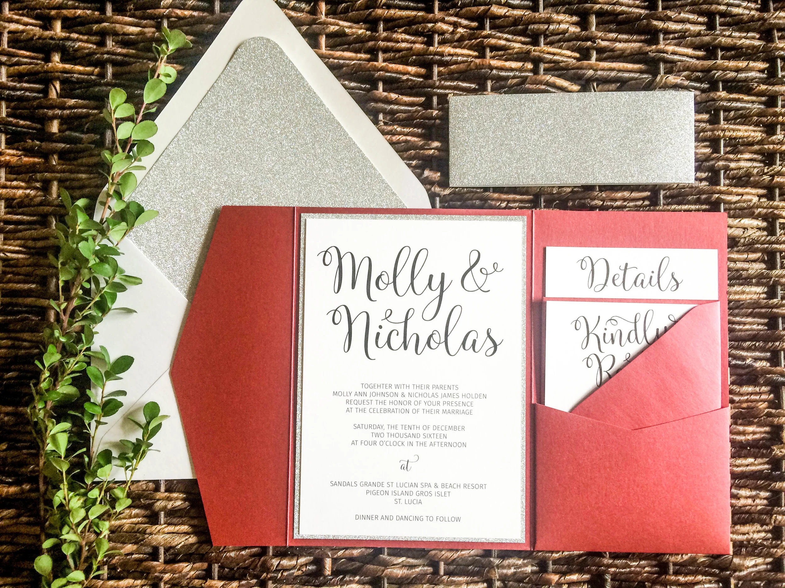 red and silver glitter pocket invitation