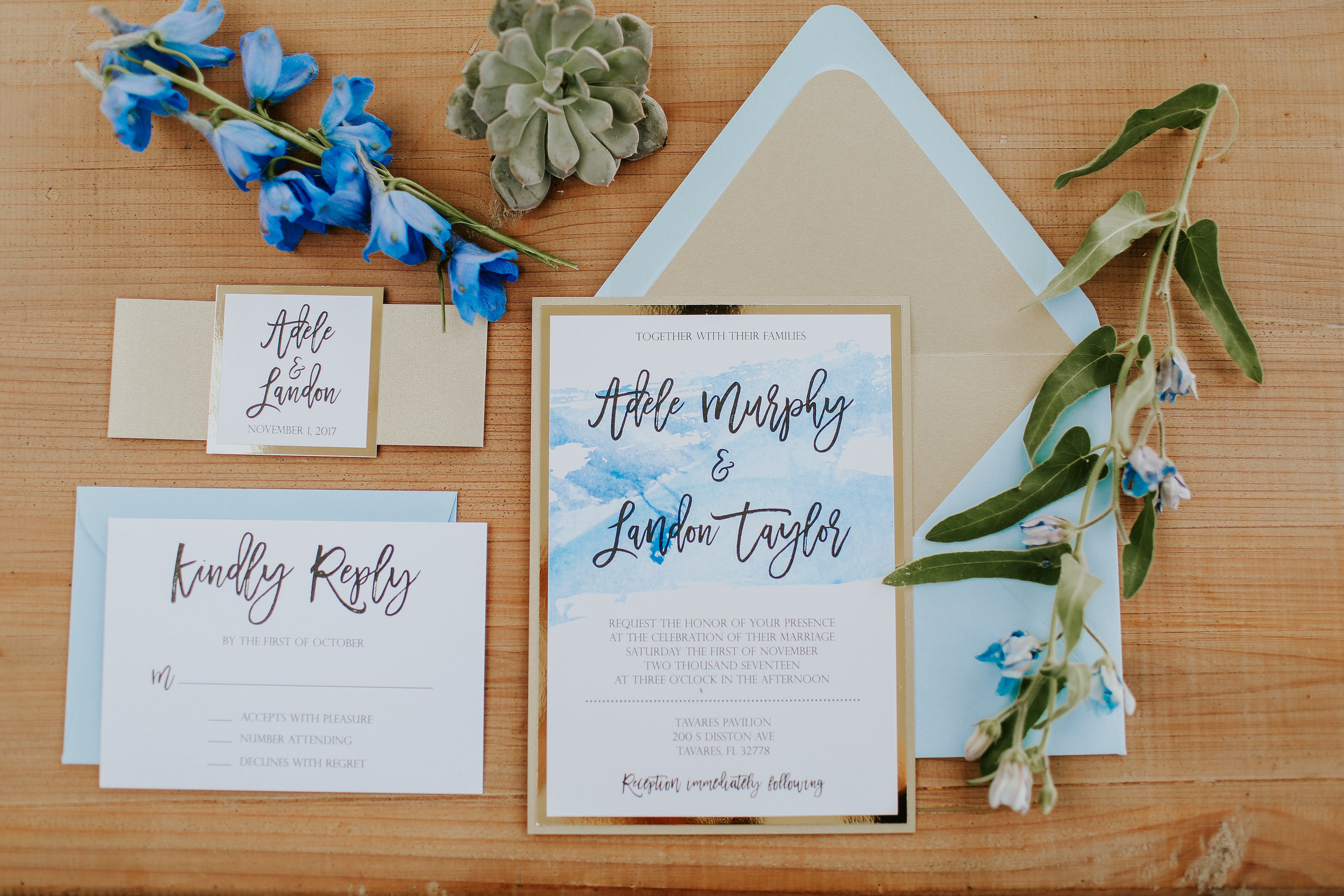 Blue and Gold watercolor invitation