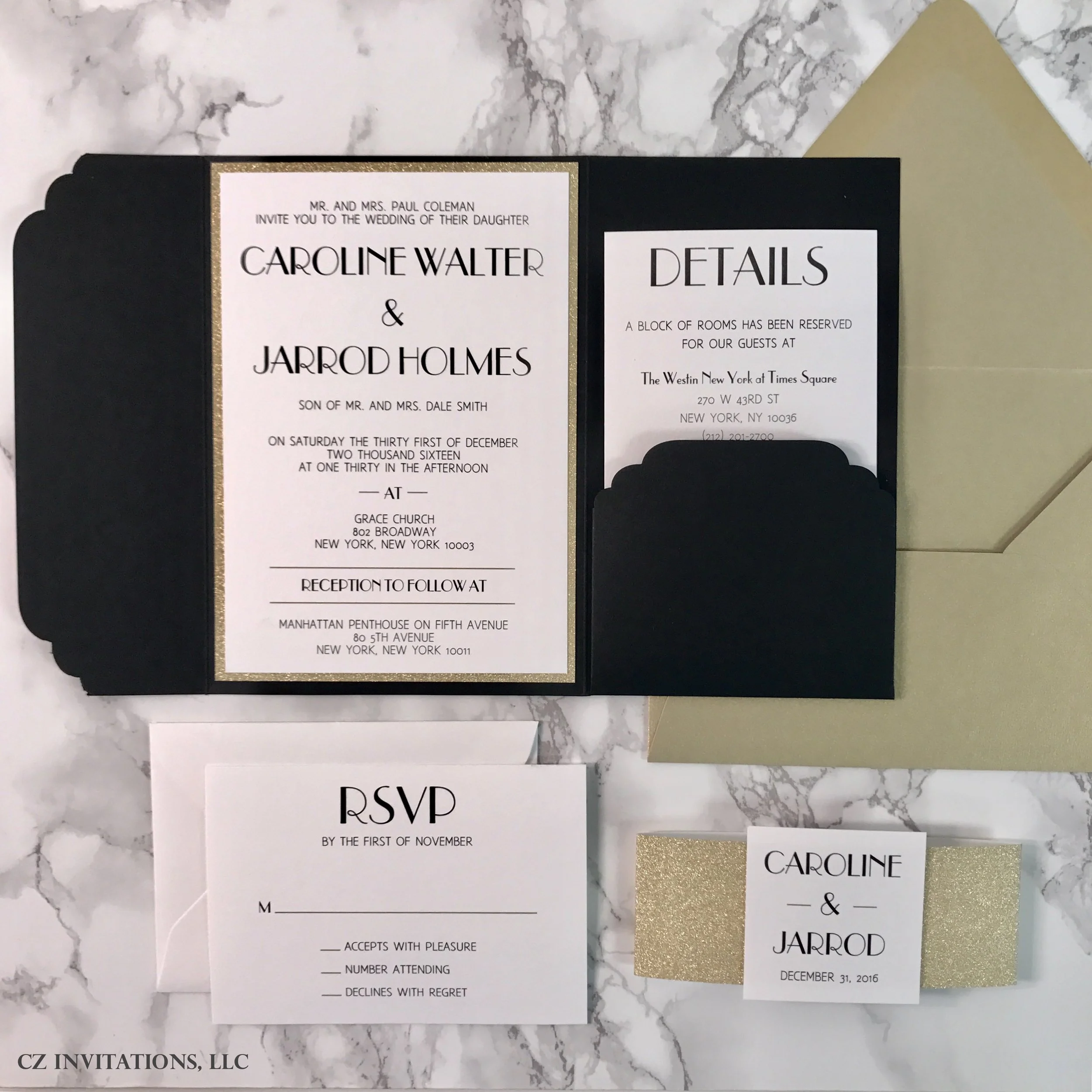 Black and Gold Glitter Pocket Wedding Invitation — CZ INVITATIONS