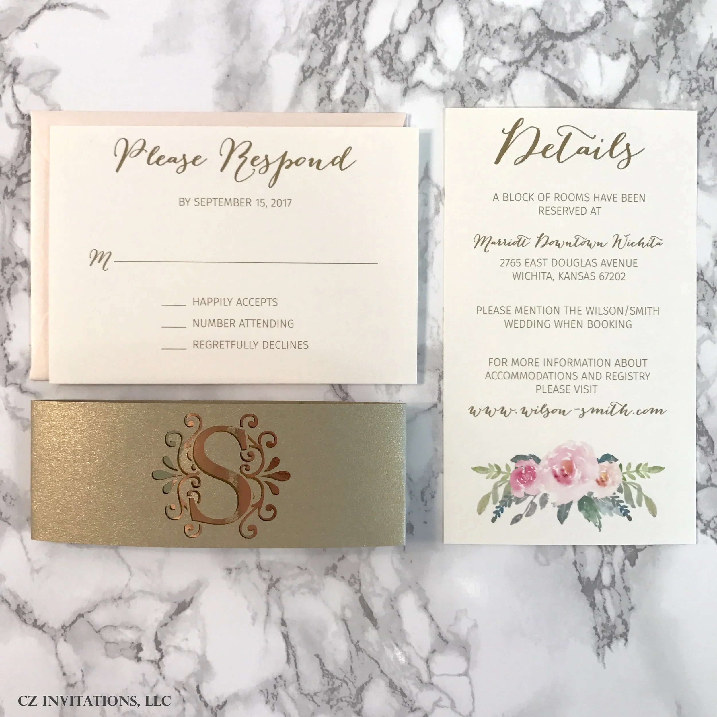 blush and gold floral invitation