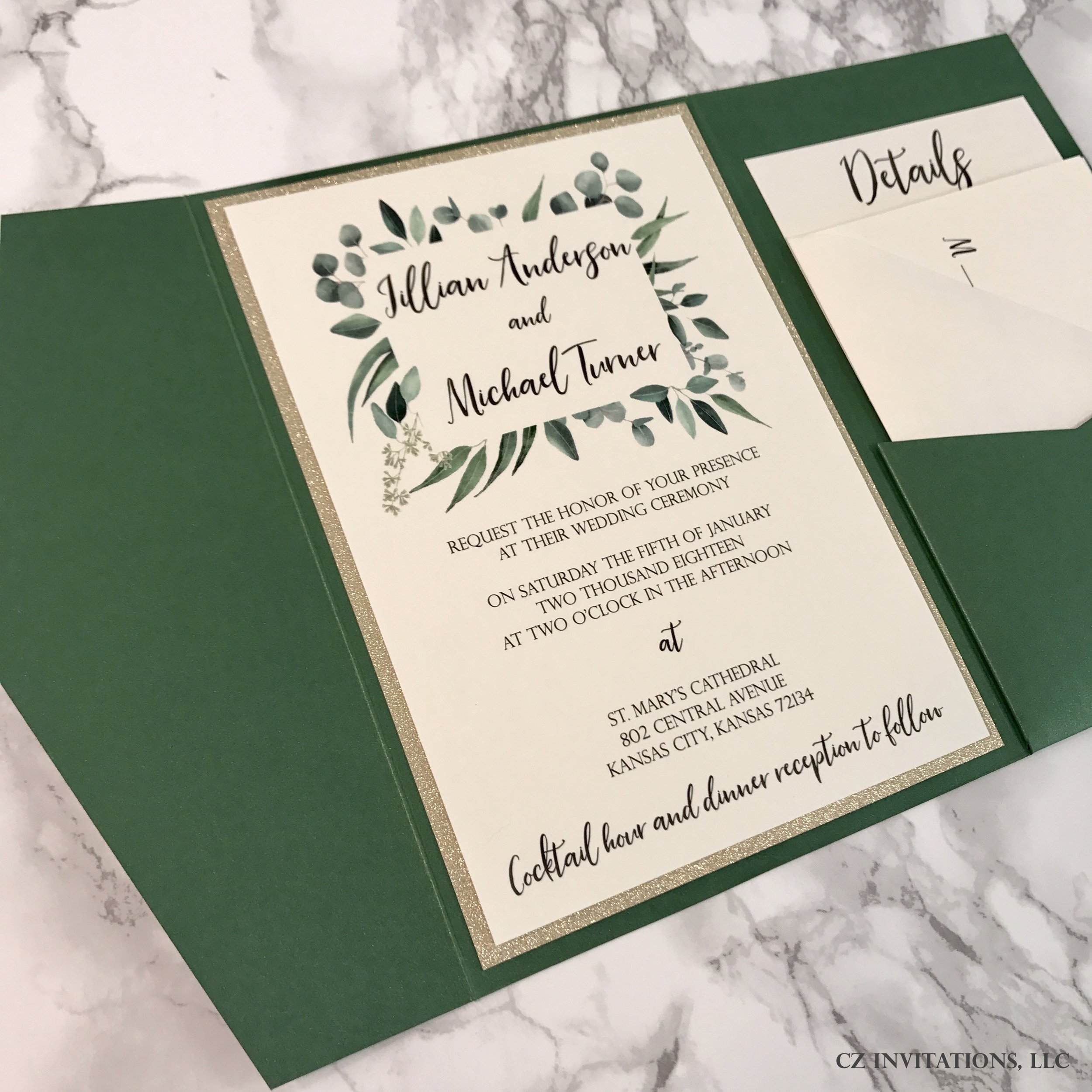 Eucalyptus Forest Green and Gold Glitter Wedding Invitation — CZ ...