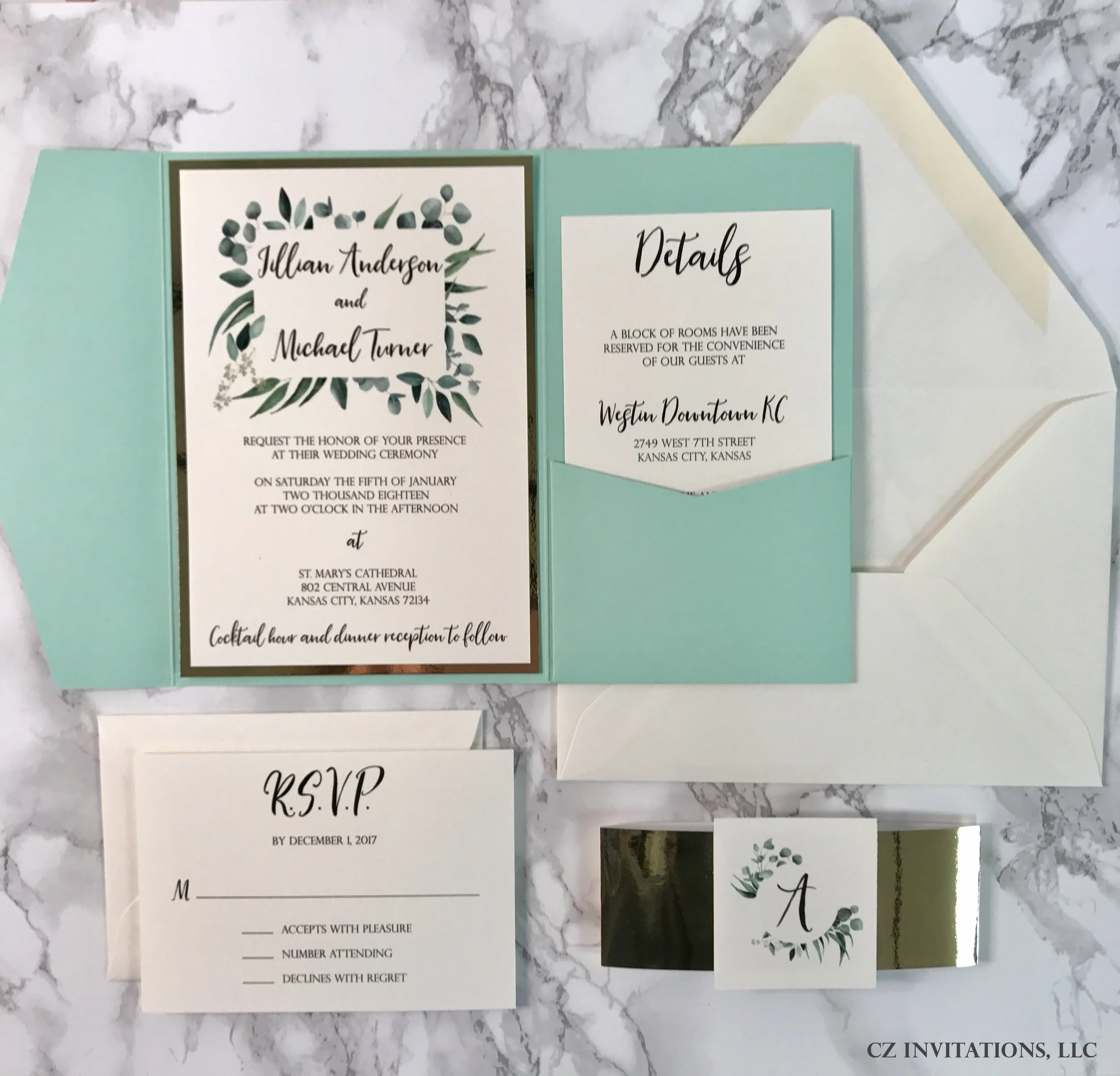 eucalyptus and mint wedding invitation
