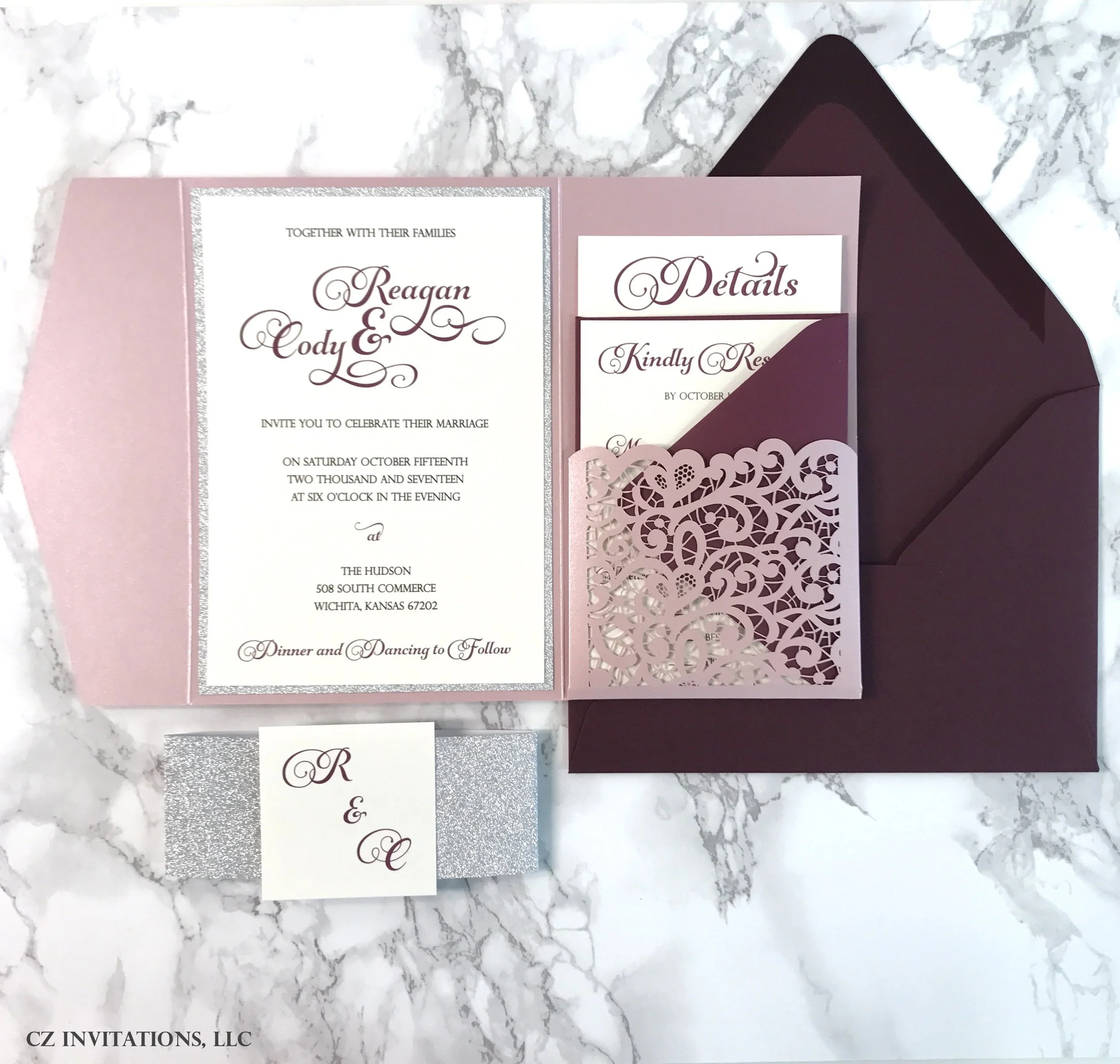 Pink and Burgundy laser cut pocket invitation