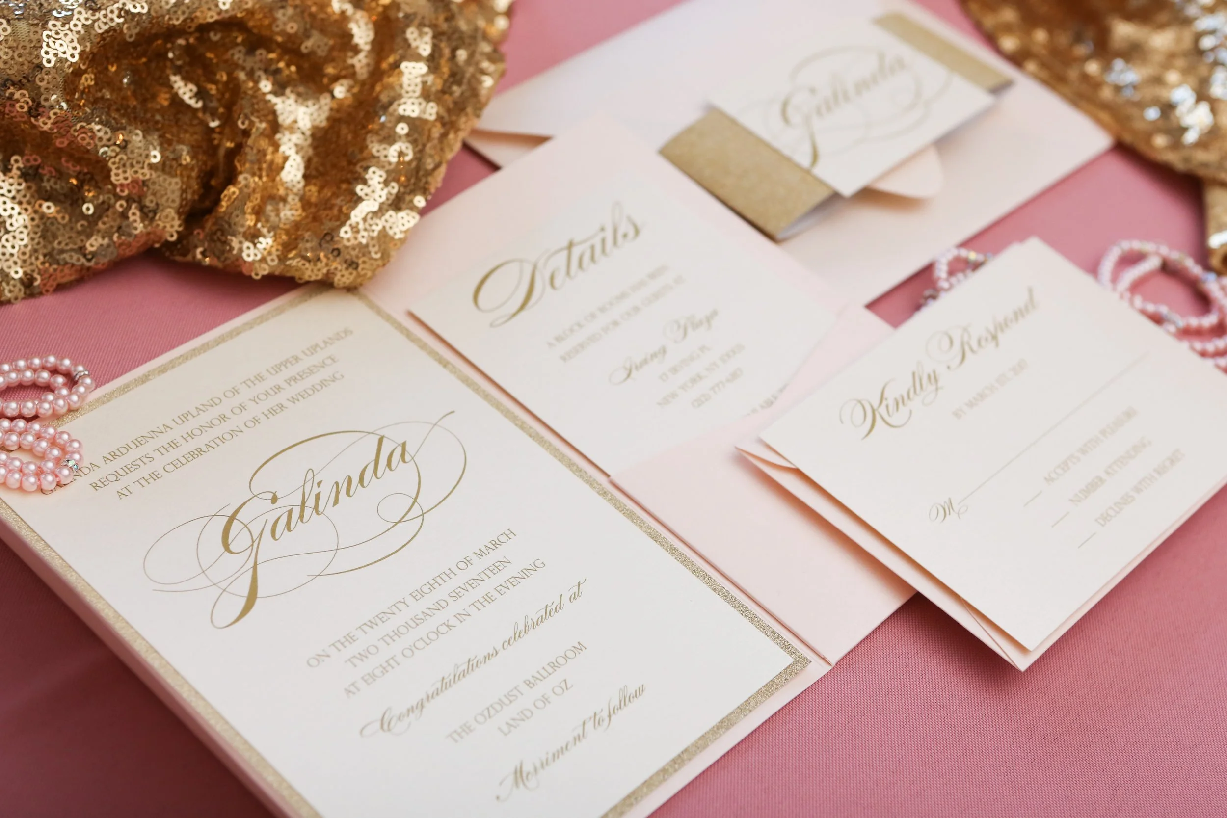 Blush and gold glitter pocket invitation