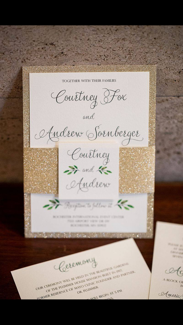 Gold Glitter and greenery invitation