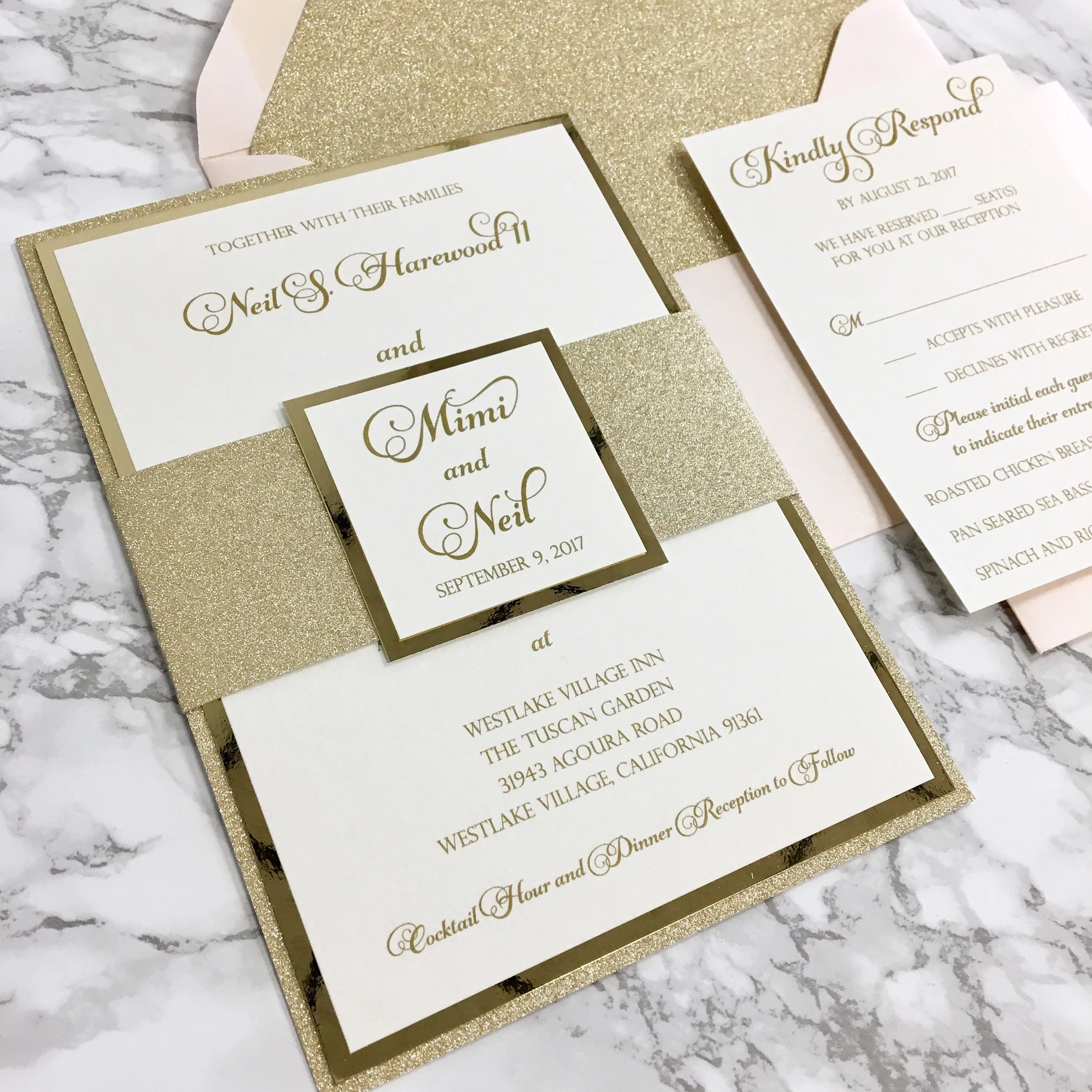 Blush, Gold Glitter and Gold Mirror Three Layer Wedding Invitation