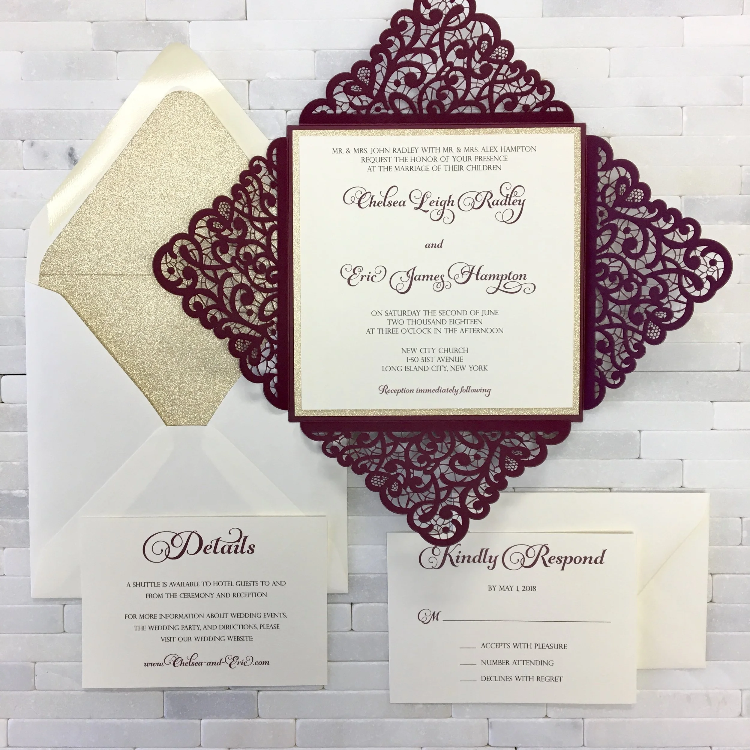 Burgundy petal fold invitation