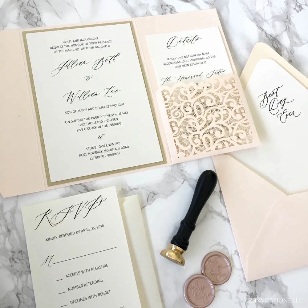 Blush and Gold Laser Cut Pocket Wedding Invitation — CZ INVITATIONS