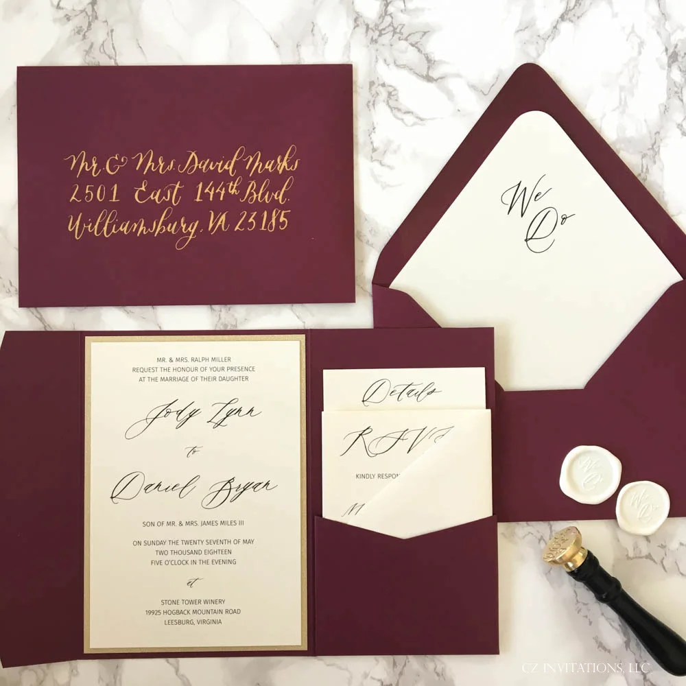 burgundy and gold glitter pocket invitation with wax seal