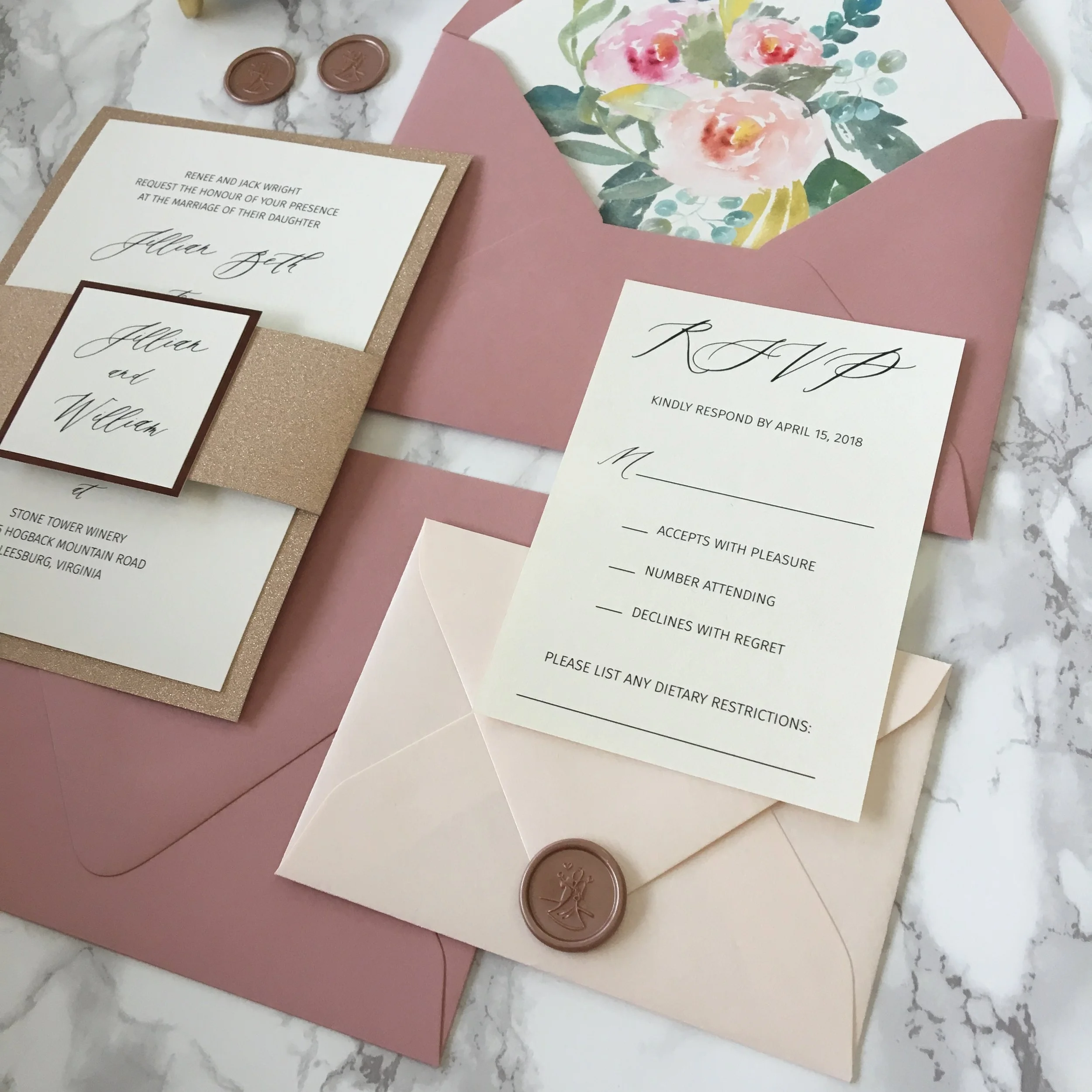 blush and rose gold glitter layered invitation