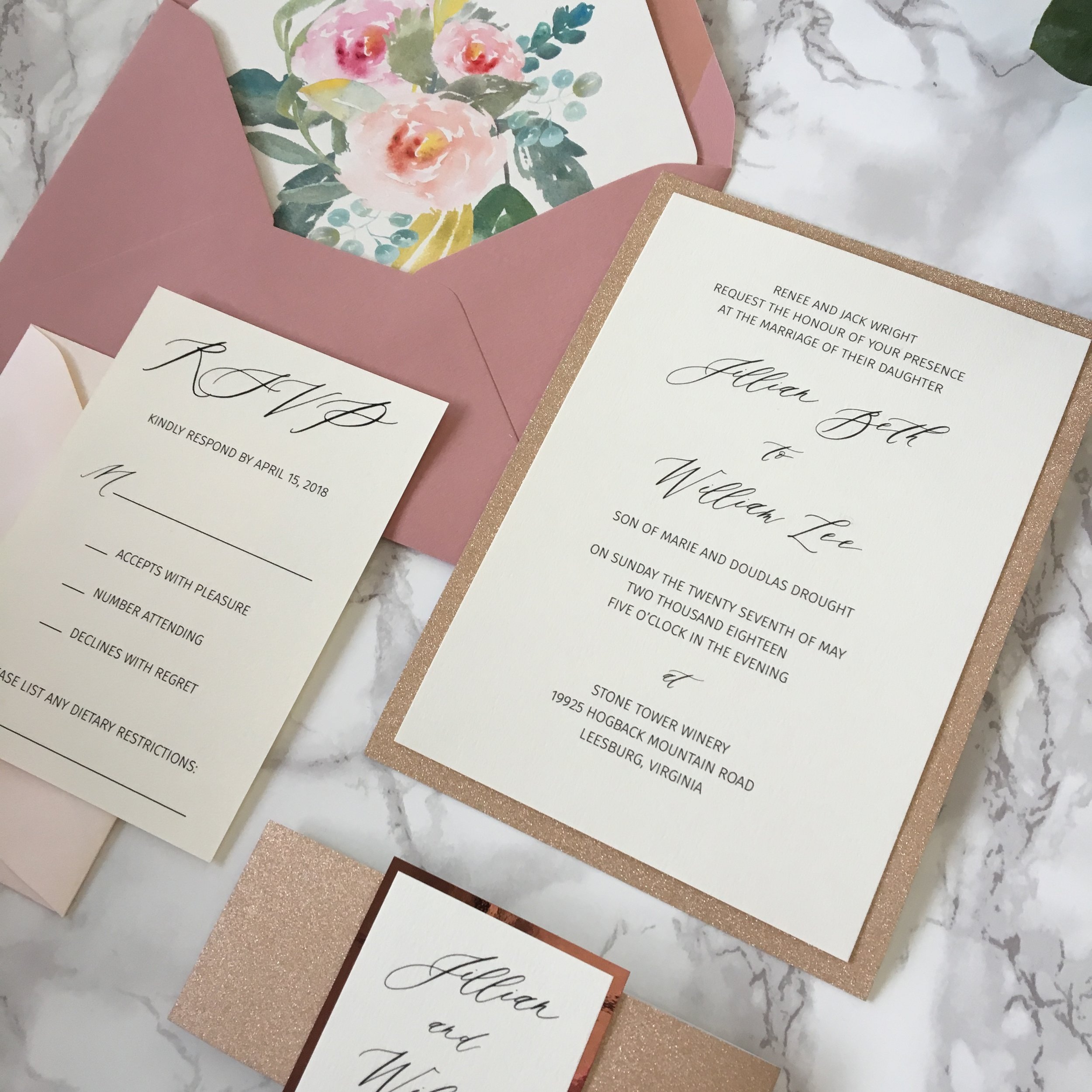 White Wedding Invitation,Evening Invitation Rose Gold Glitter with Blush Pink 