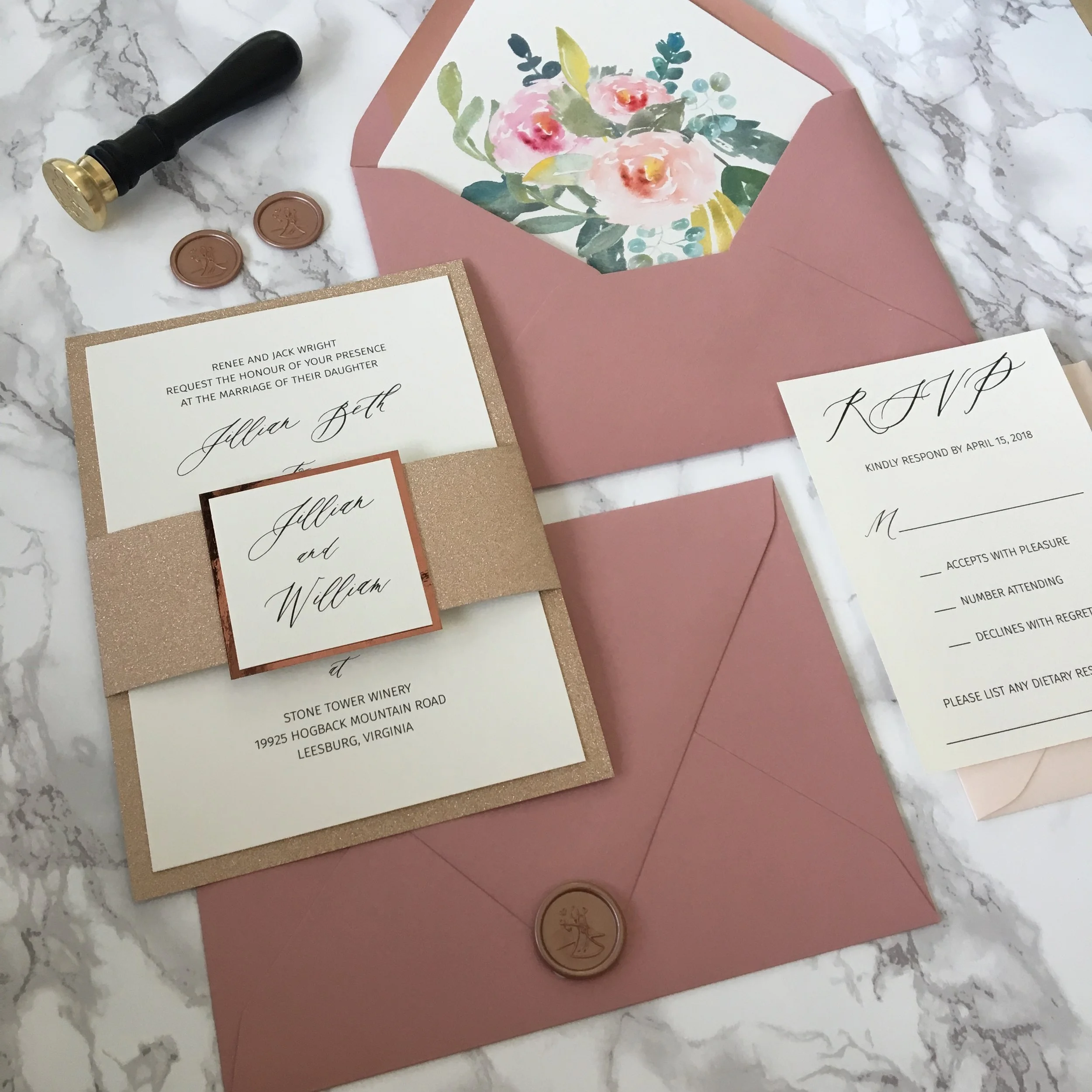 dusty pink and rose gold wedding invitation