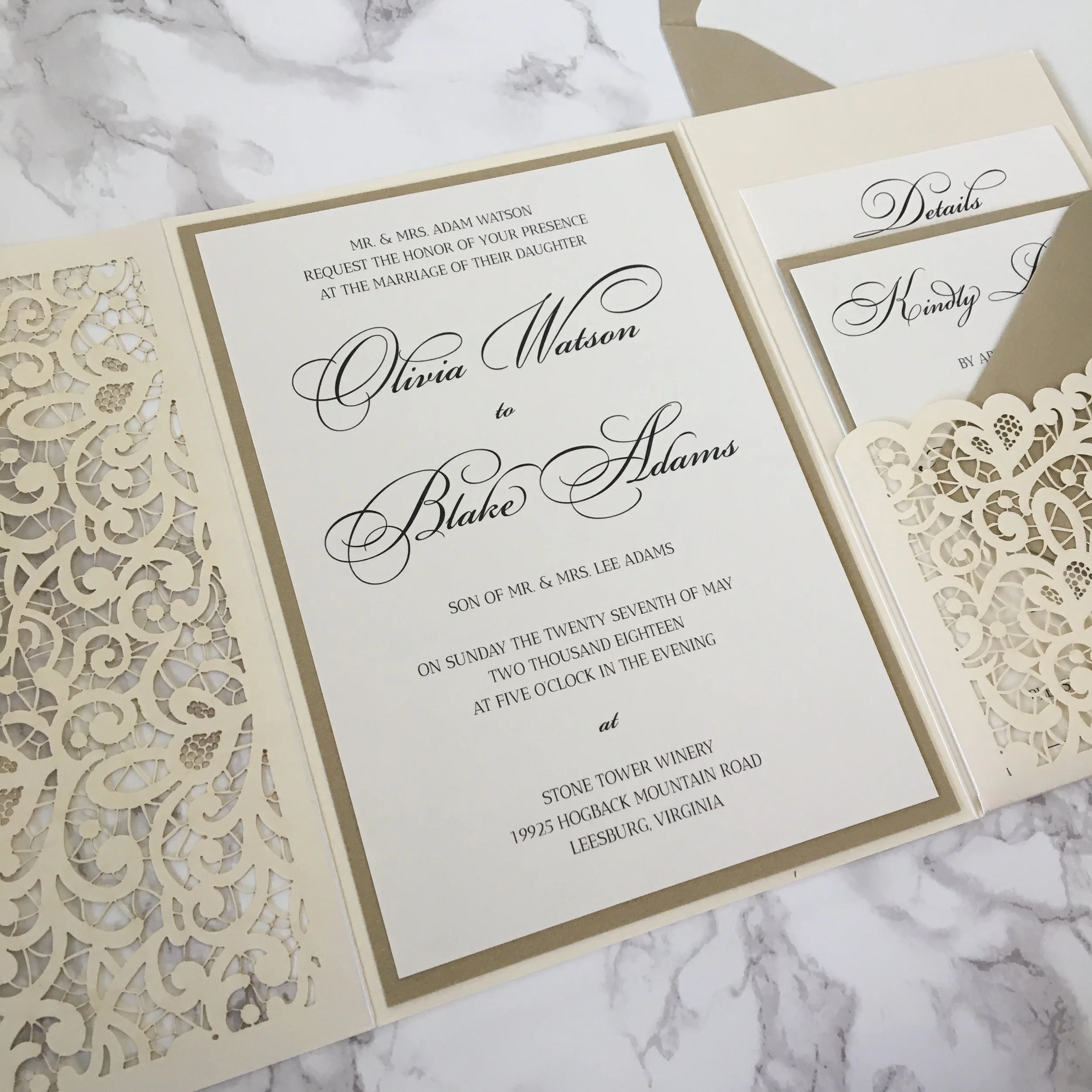 gold and champagne lace wedding invitation