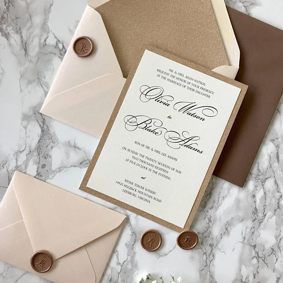 rose gold glitter and blush wedding invitation
