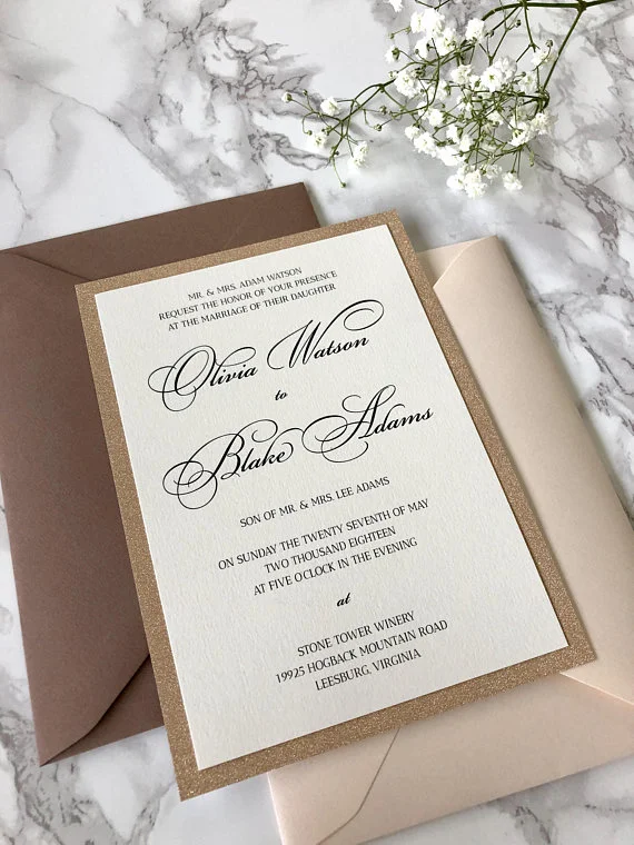 blush and rose gold layered wedding invitation