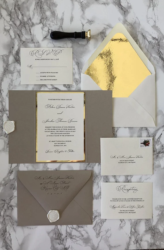 neutral and gold gatefold wedding invitation