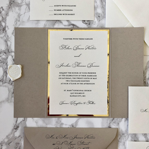 Taupe and Black Wedding Invitation with Wax Seal — CZ INVITATIONS