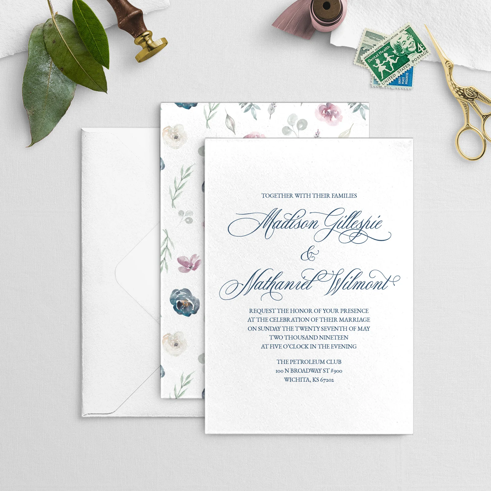 navy and plum floral printable invitation