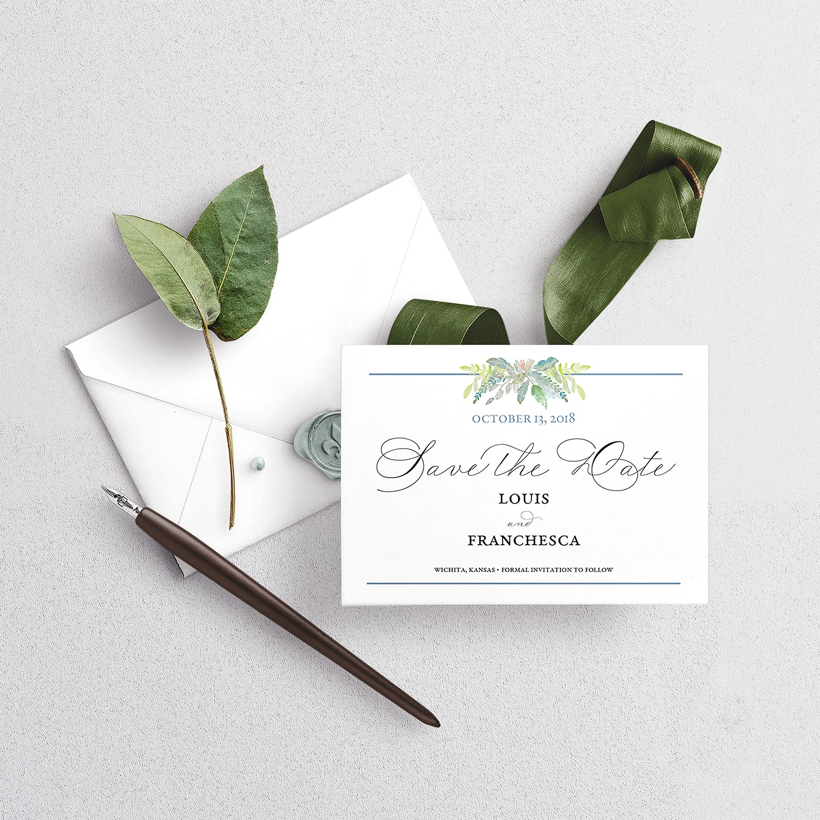dusty blue and greenery printable invitation