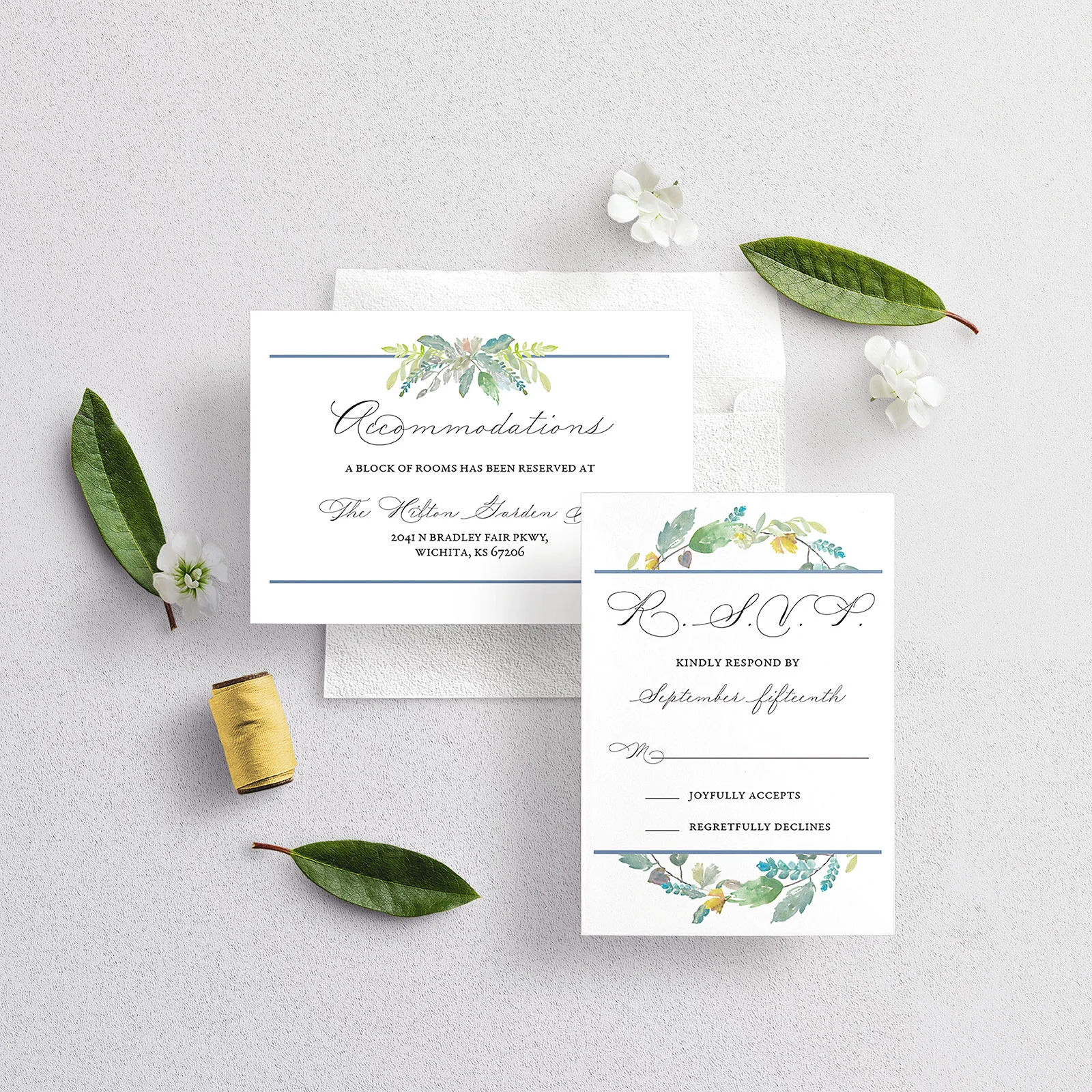 dusty blue and greenery printable invitation