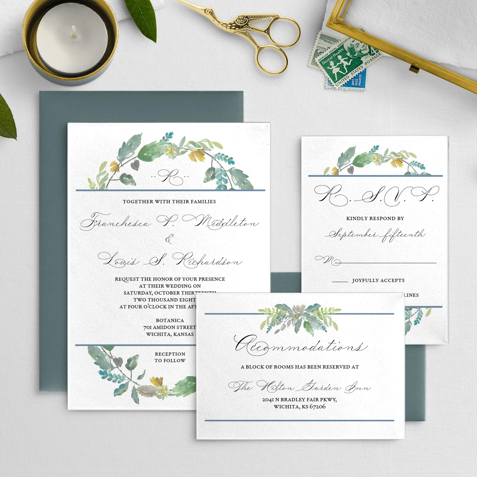 dusty blue and greenery printable invitation