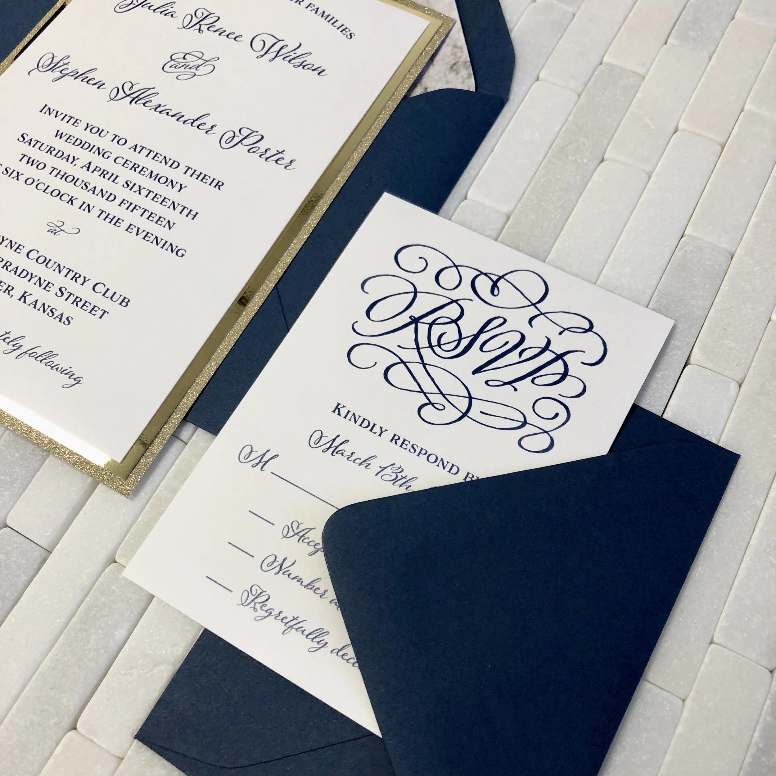 navy layered wedding invitation