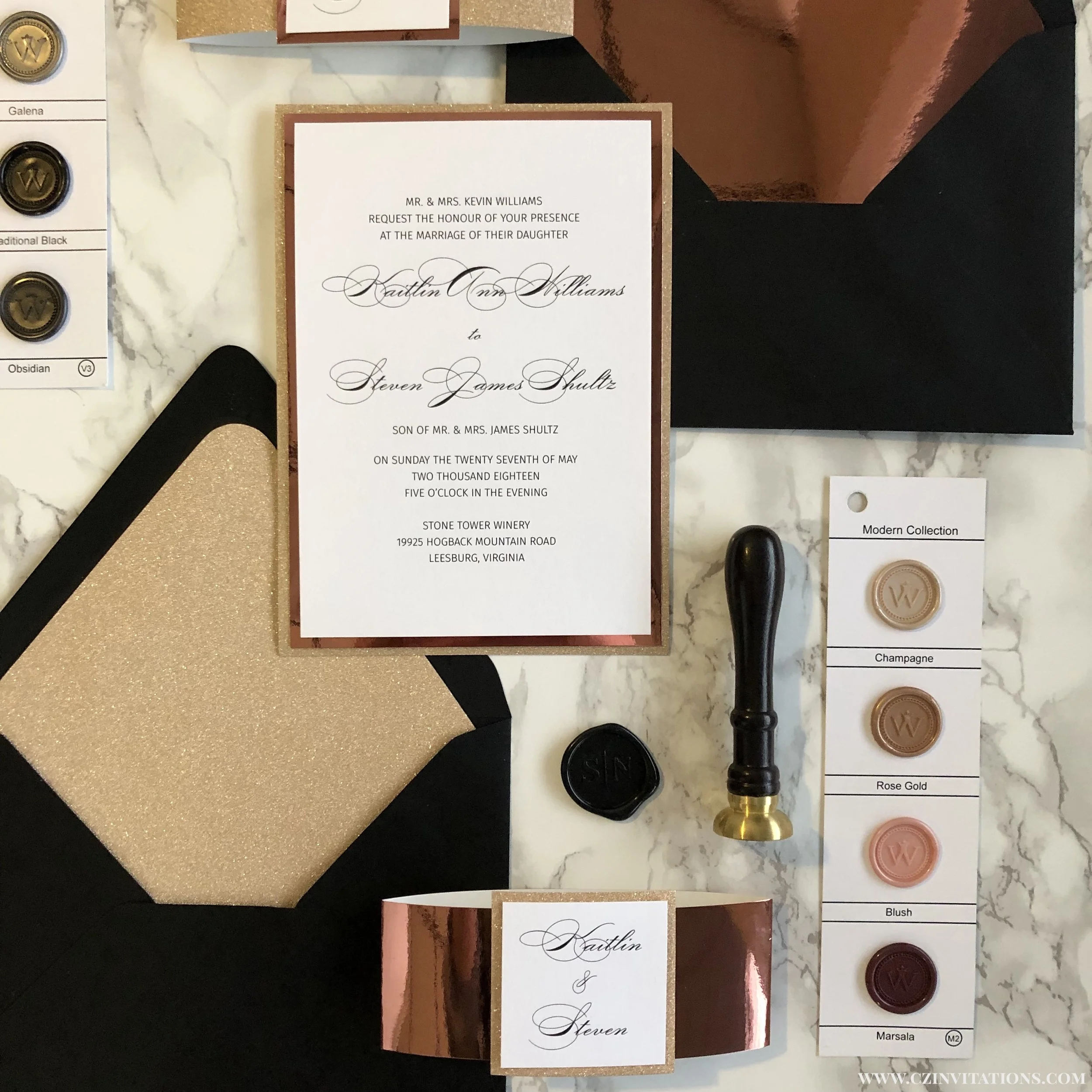 glitter three layer rose gold wedding invitation