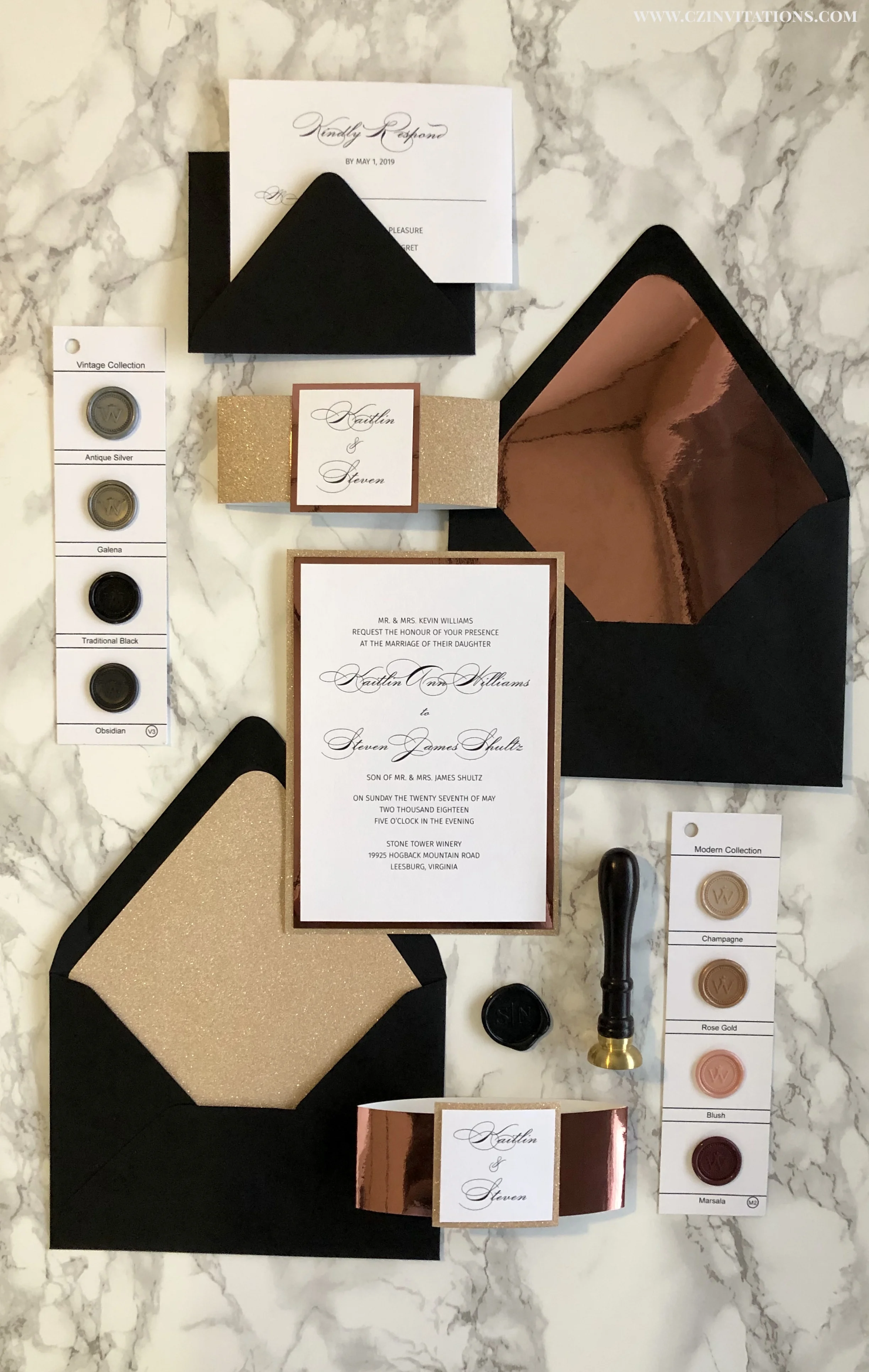 rose gold and black invitation