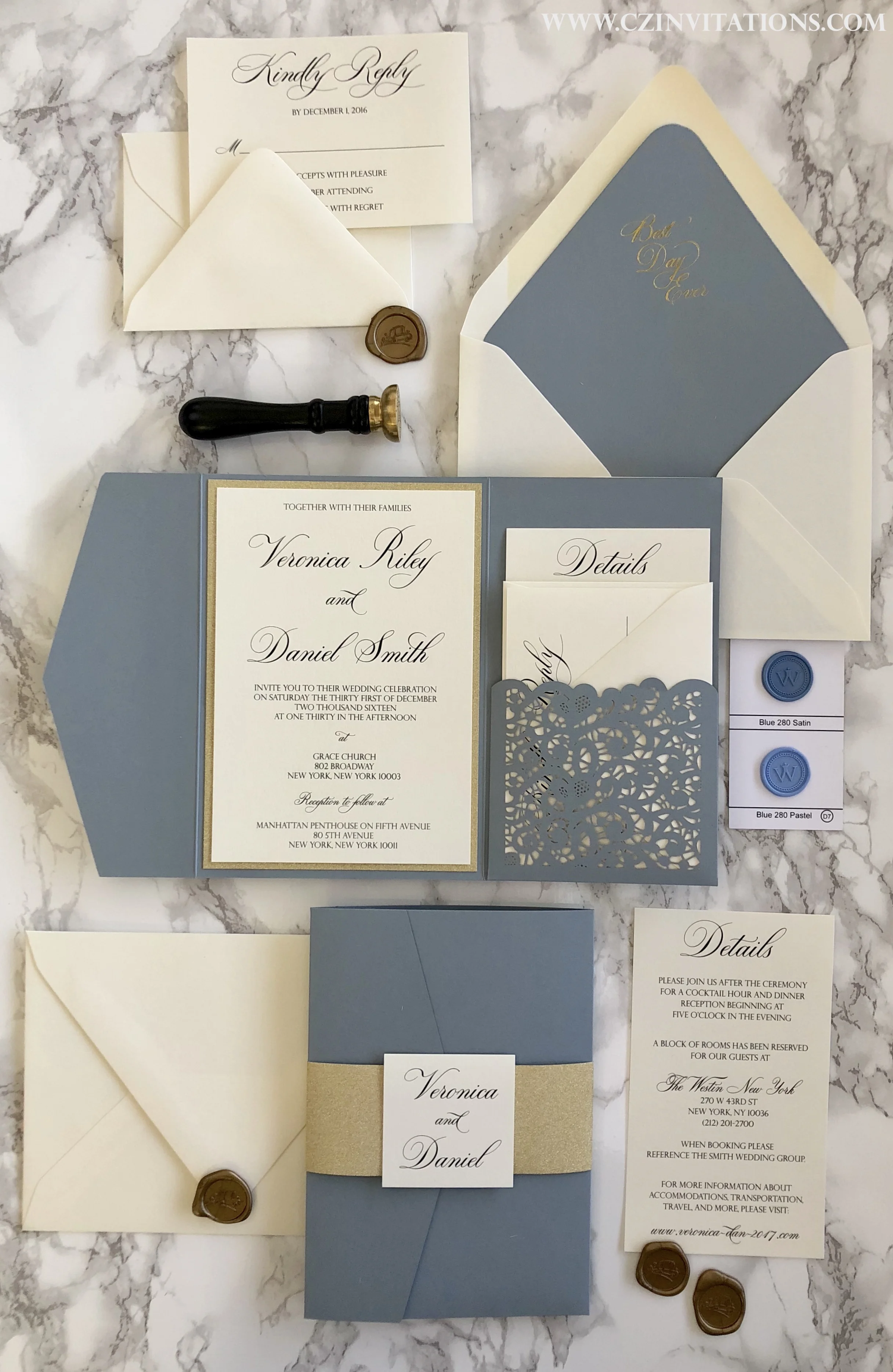 dusty blue and gold pocket invitation