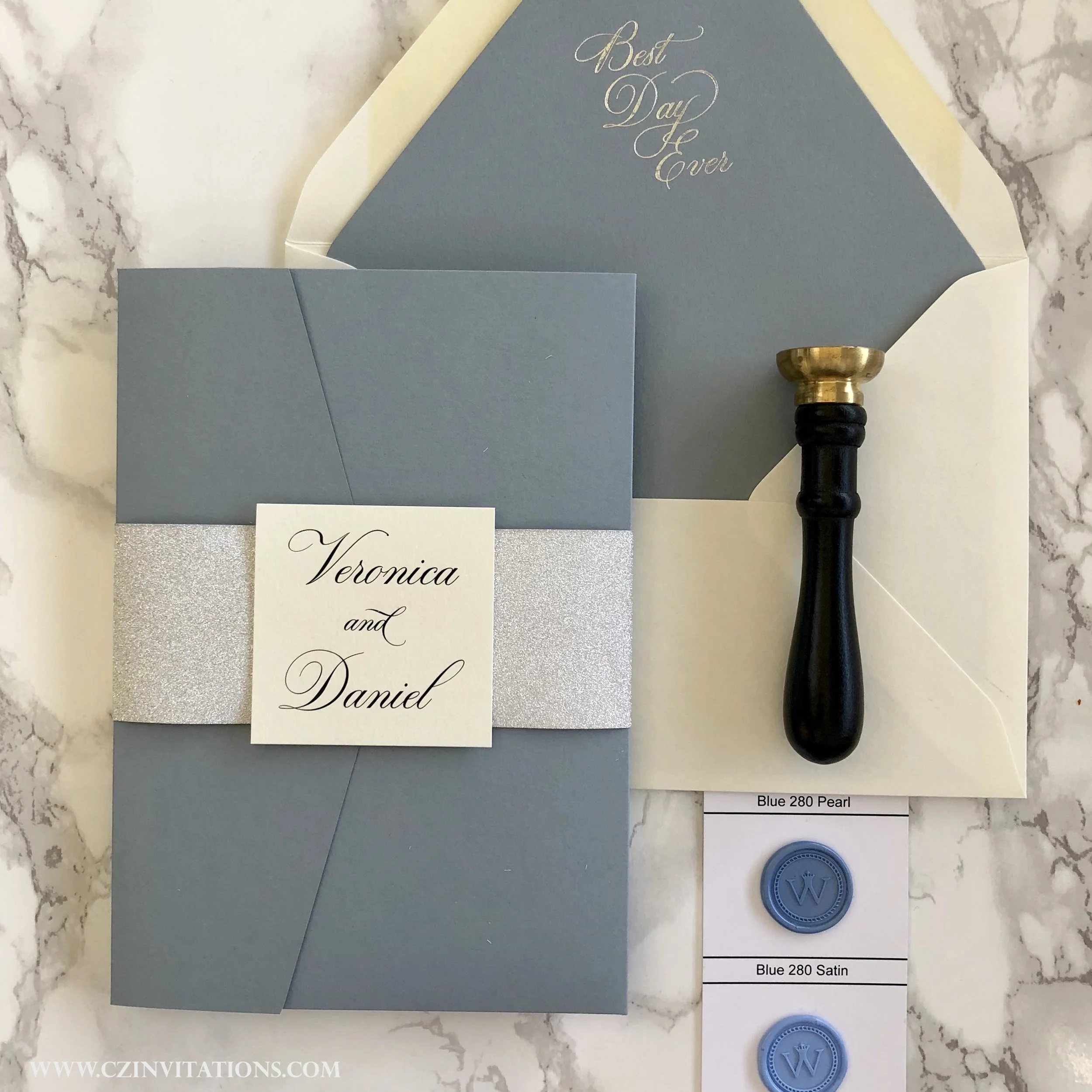 blue grey and silver pocket invitation
