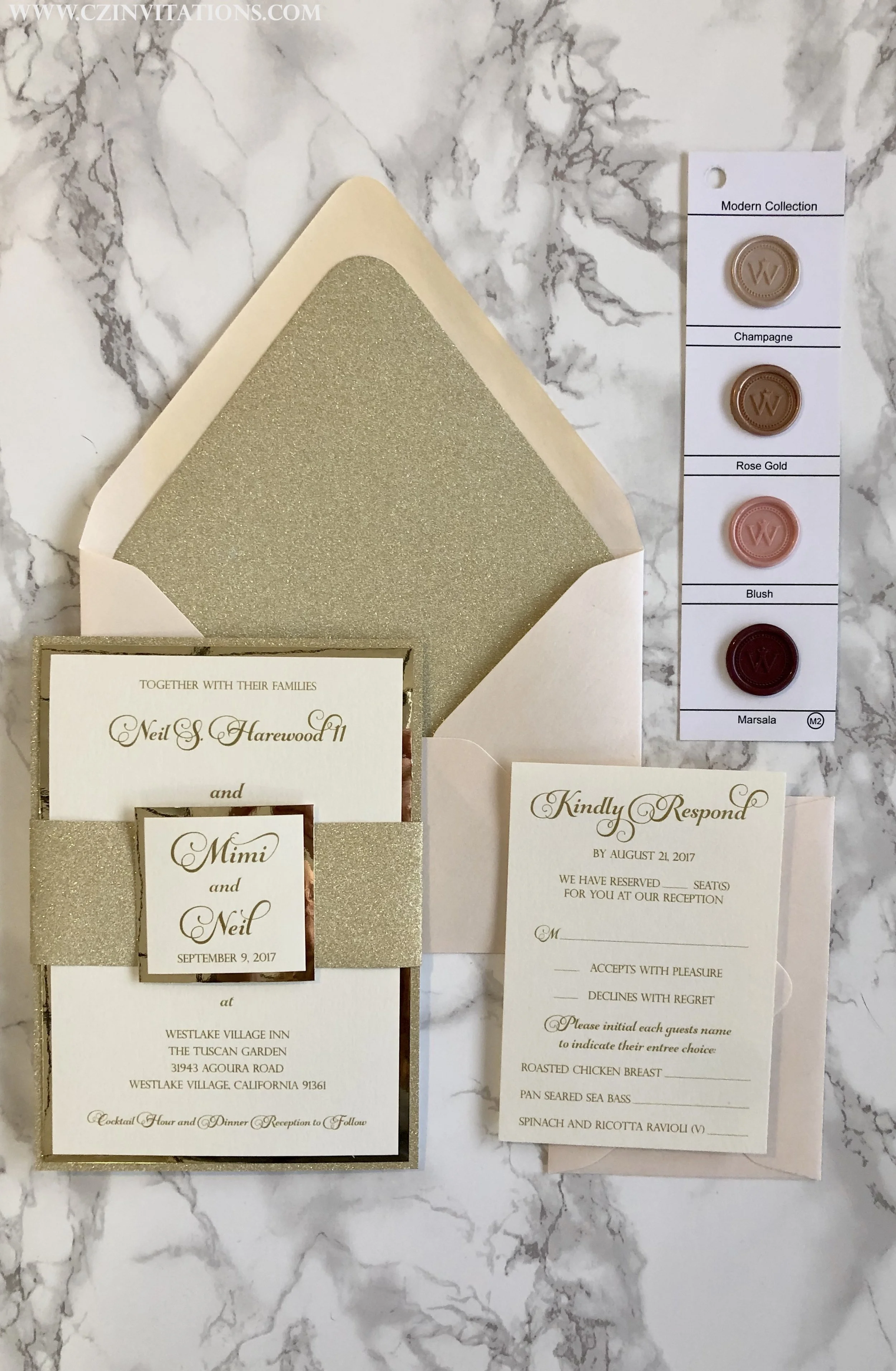 blush and gold glitter wedding invitation