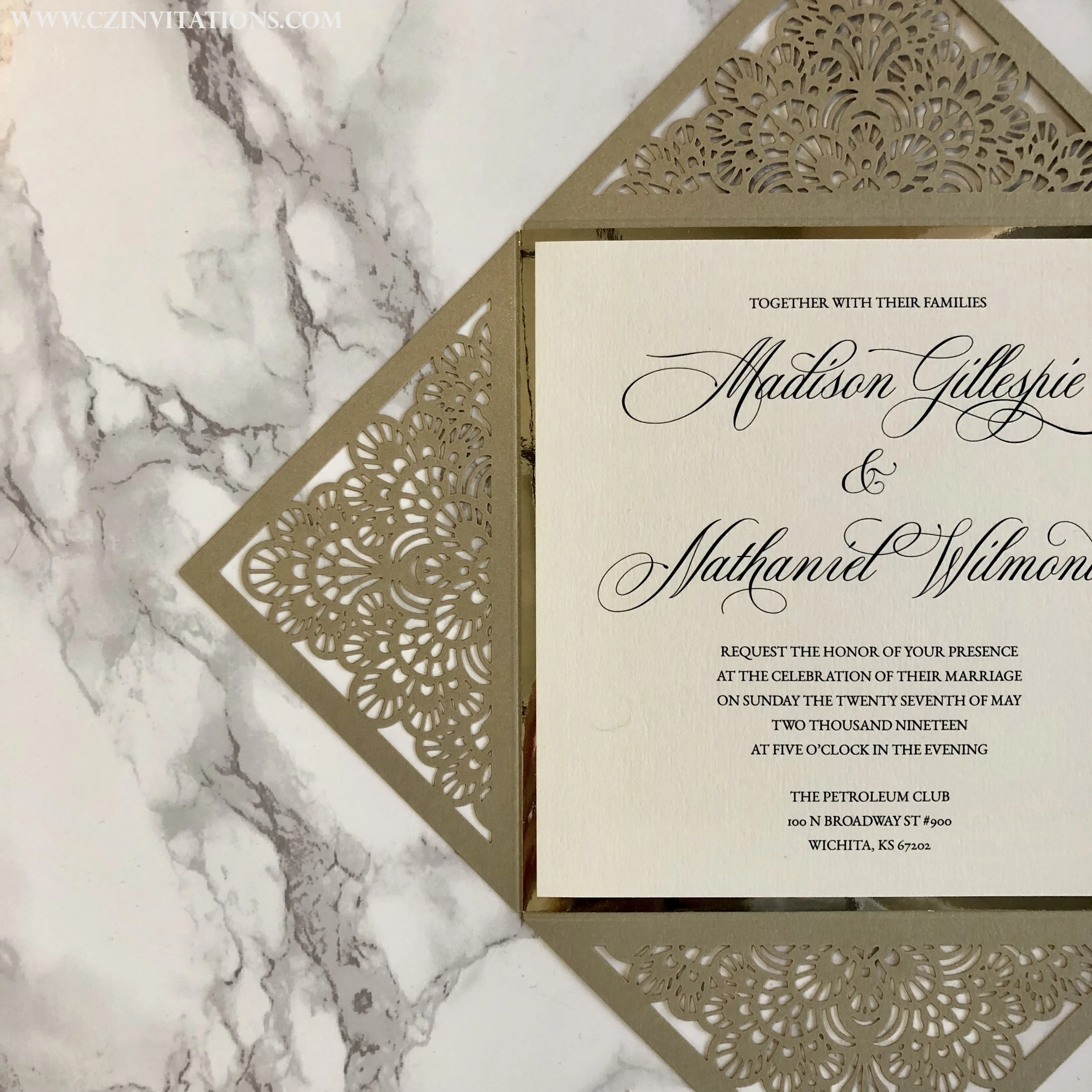 gold metallic laser cut petal invitation