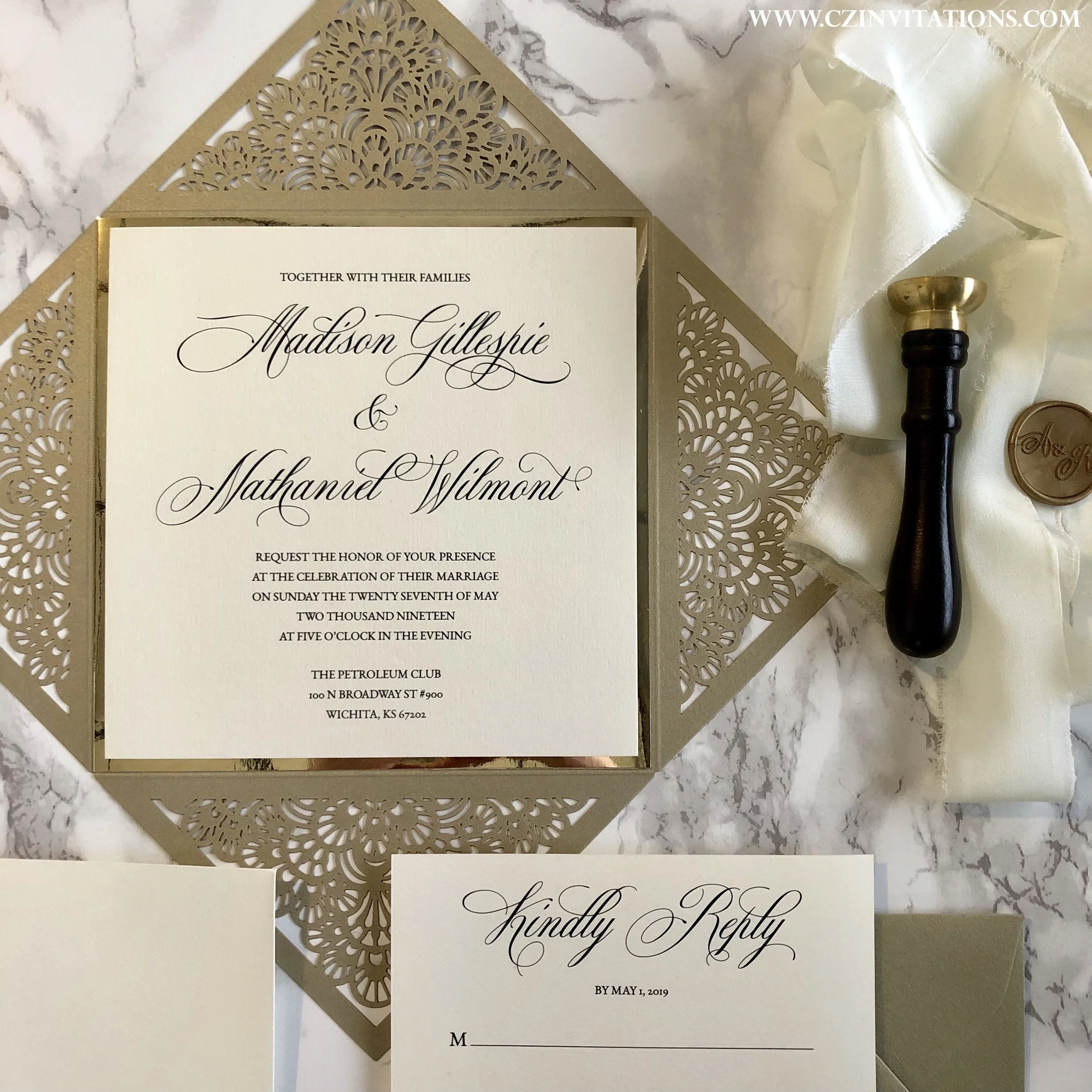 gold mirror square wedding invitation