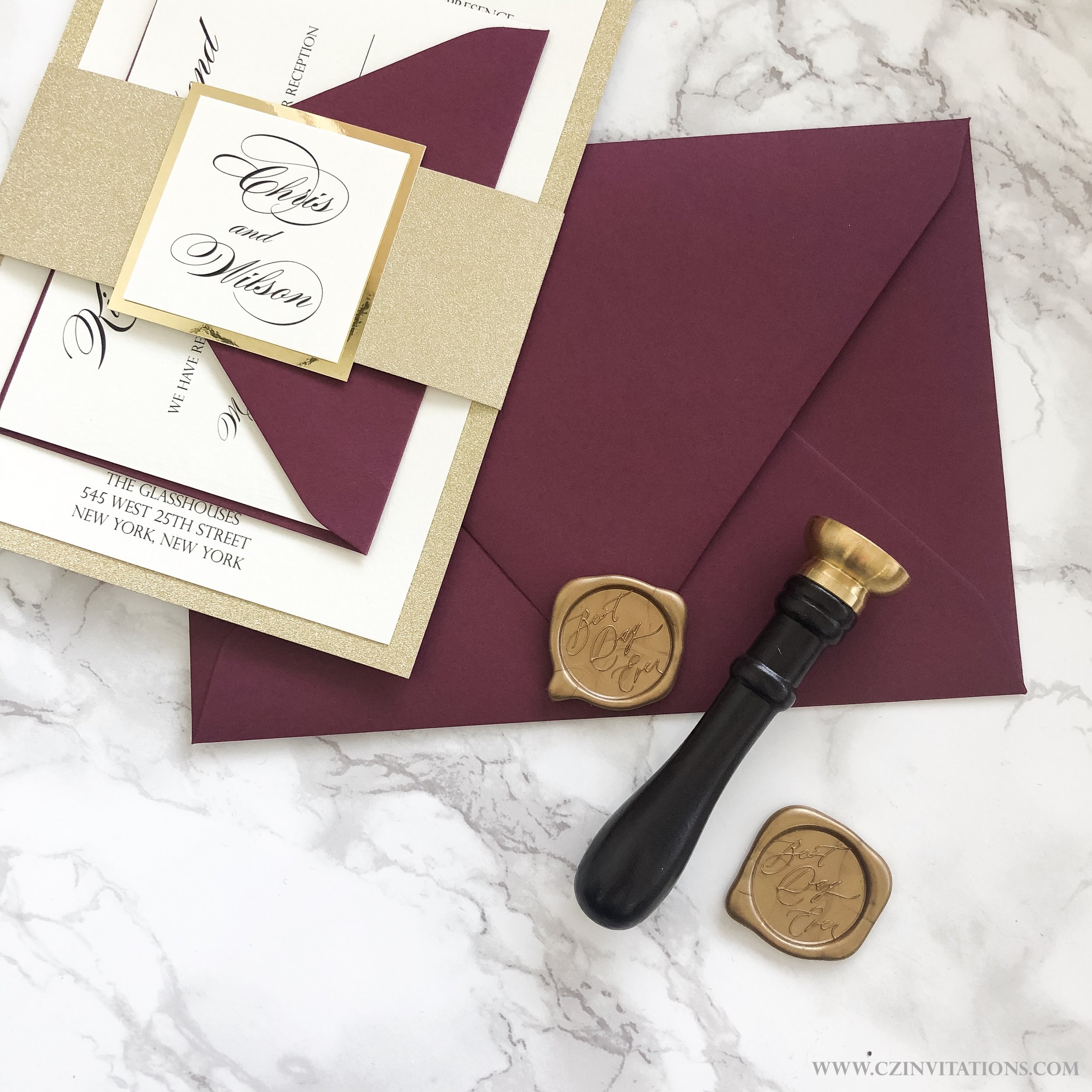 Gold Glitter Wedding Invitation with Burgundy Envelopes — CZ INVITATIONS