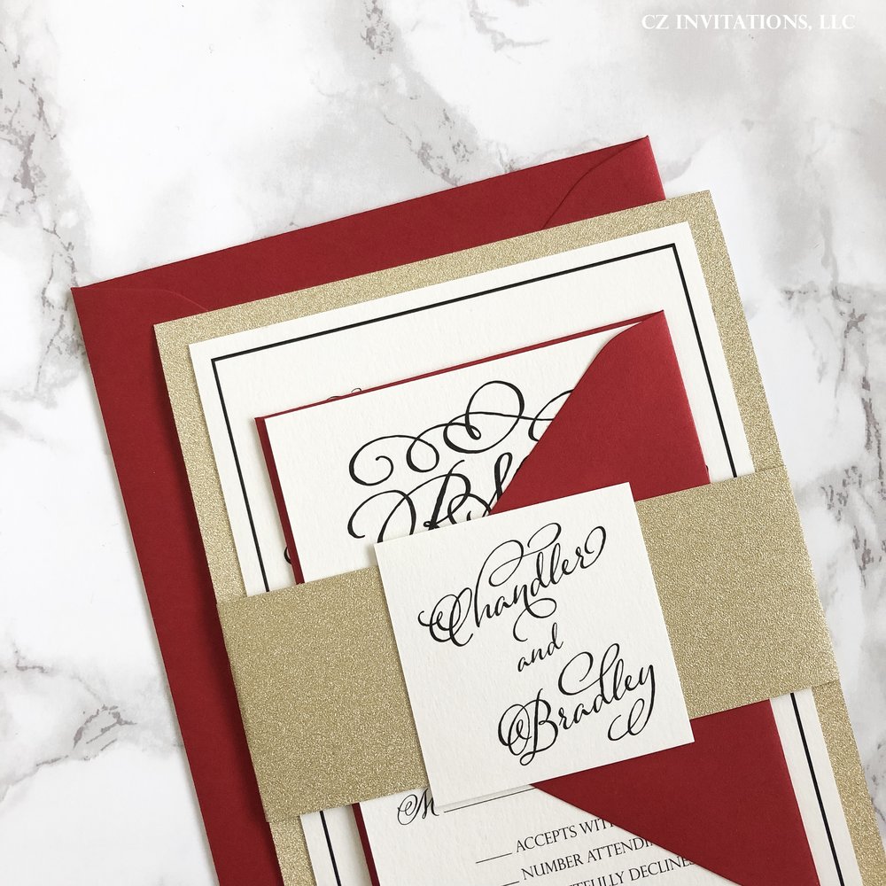 Gold Glitter Wedding Invitation with Glitter Belly Band and Red Envelopes —  CZ INVITATIONS