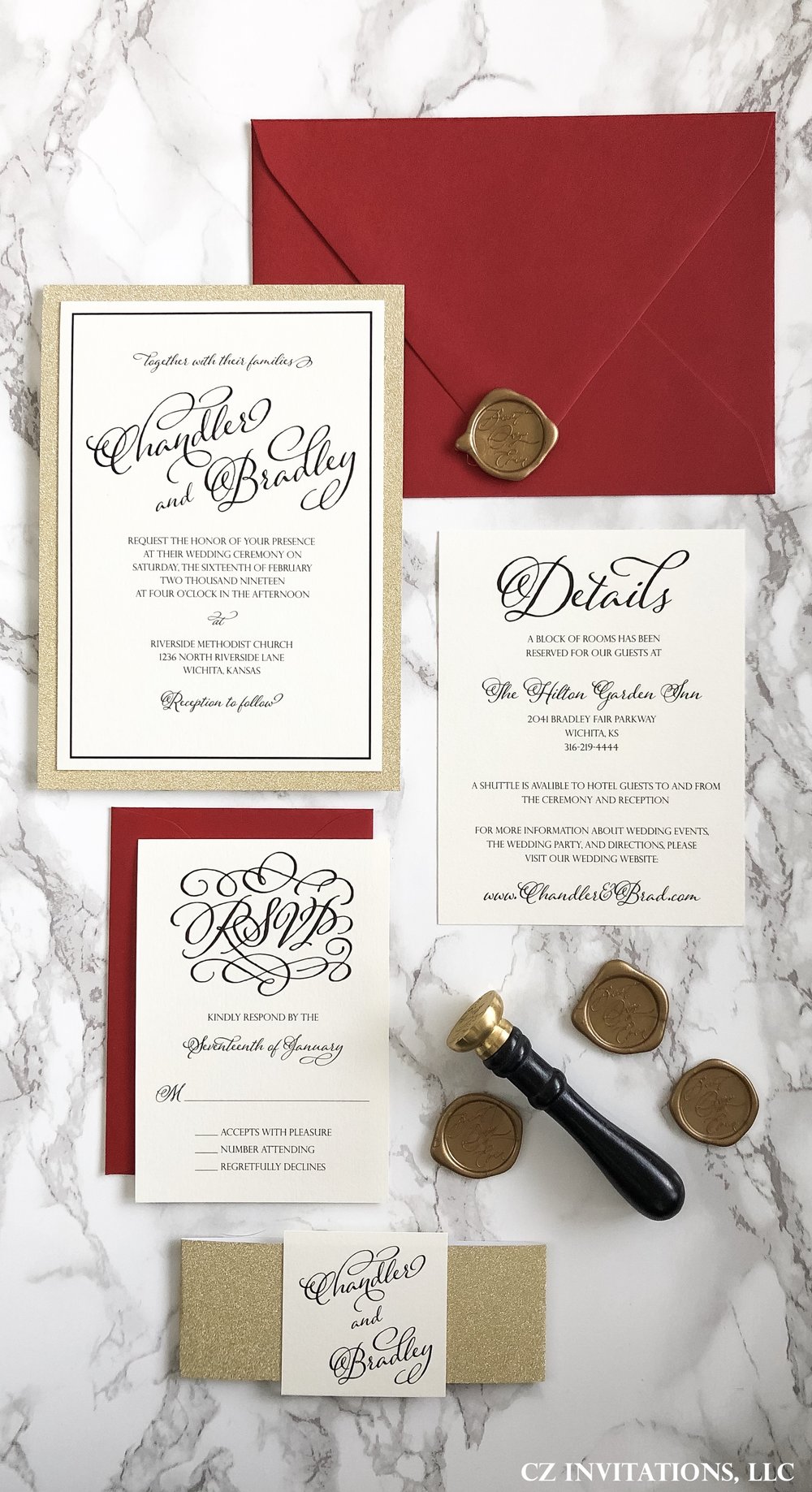 Gold Glitter Wedding Invitation with Blush Envelopes and Wax Seal — CZ  INVITATIONS