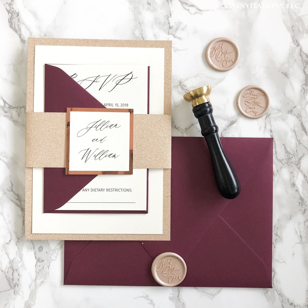 Burgundy and Gold Glitter Pocket Wedding Invitation — CZ INVITATIONS