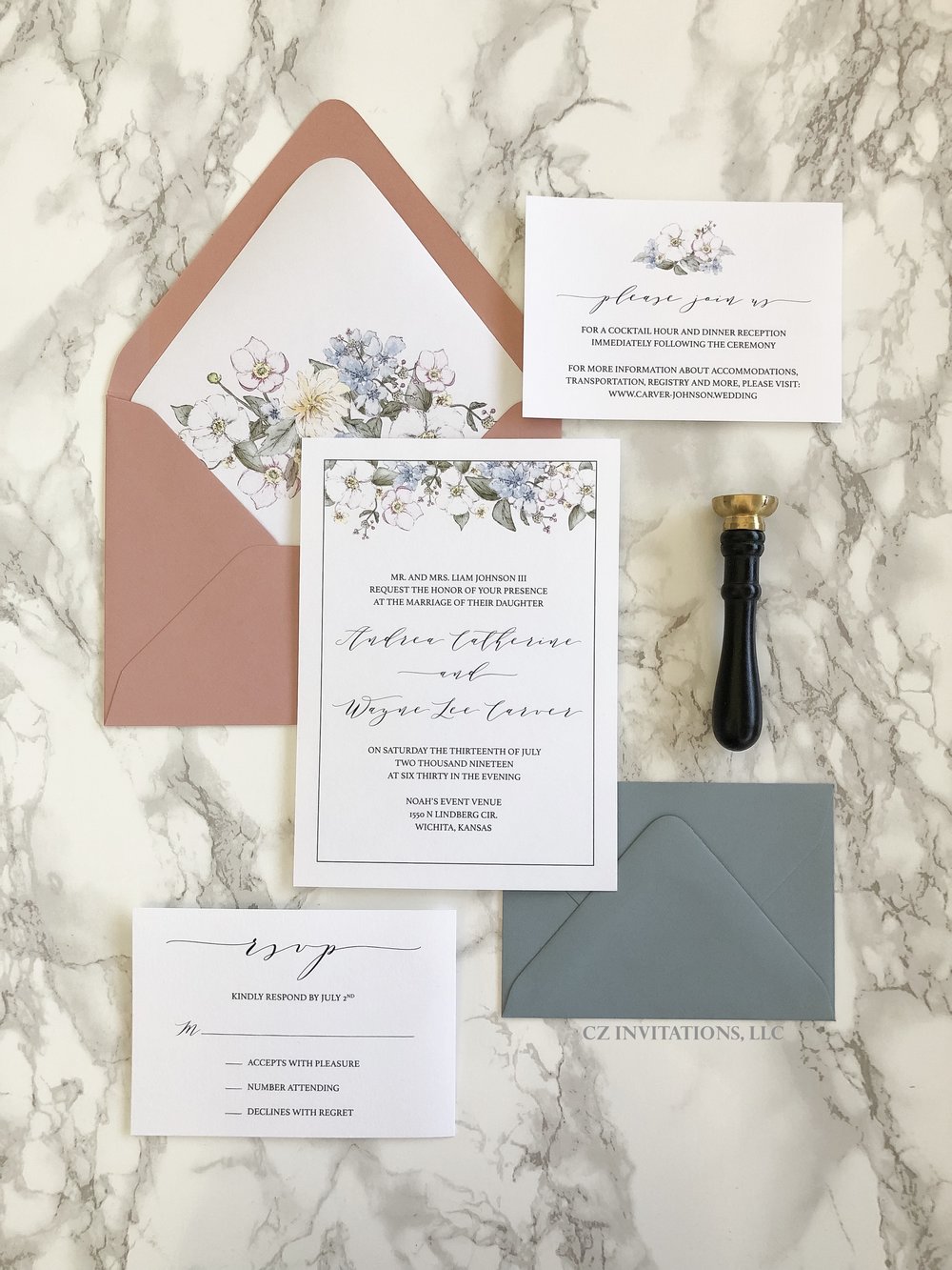 Taupe and Black Wedding Invitation with Wax Seal — CZ INVITATIONS