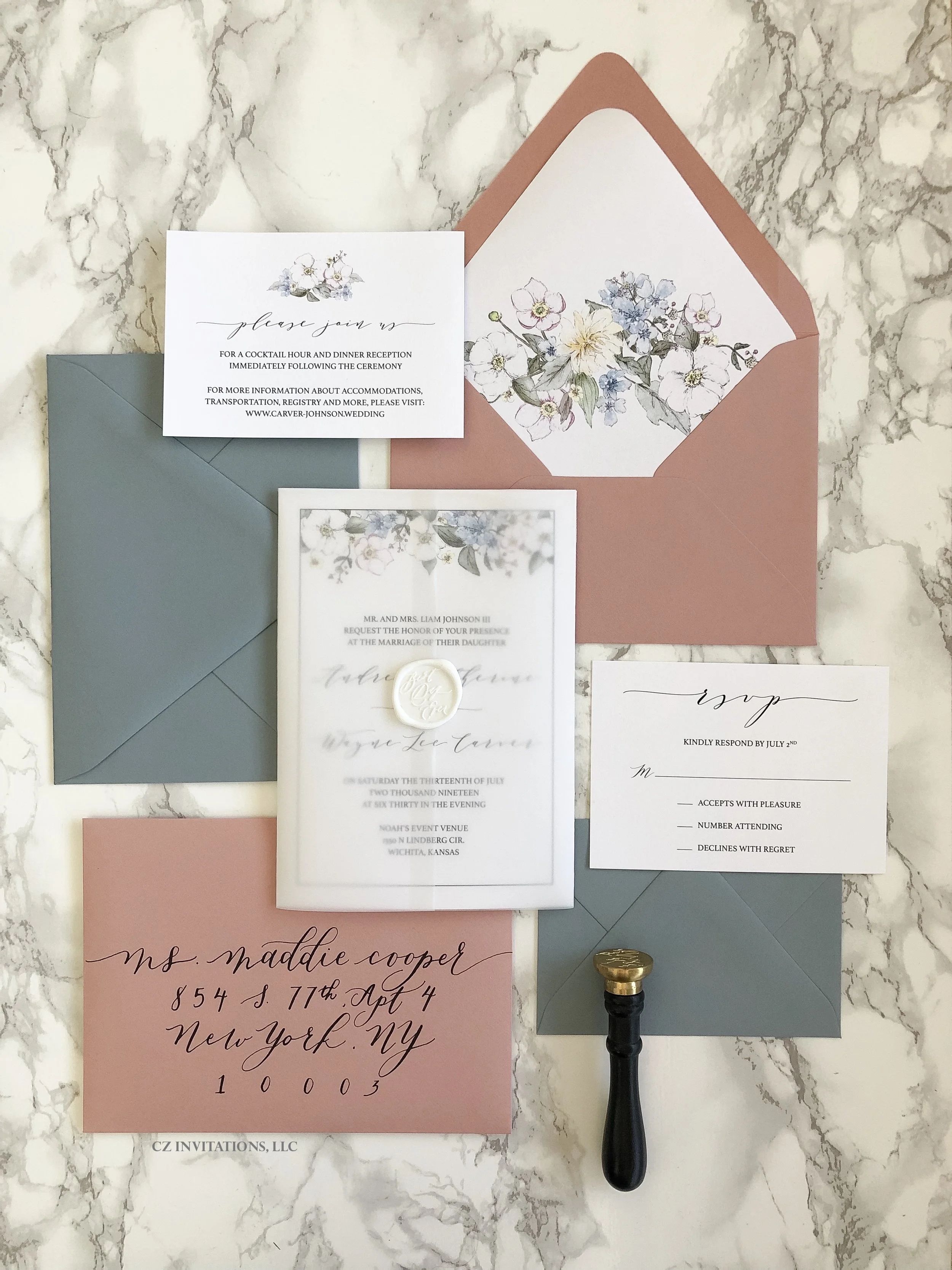 Dusty Pink and Dusty Blue Vellum Wedding Invitation with Wax Seal