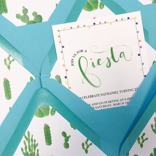 A year ago I made these lil fiesta invites for Nathan&rsquo;s birthday. I sat on the coach all day Sunday and just drew cacti on @procreate for fun. This was a super fun project and only one of two invites I&rsquo;ve ever done with my hand lettering.