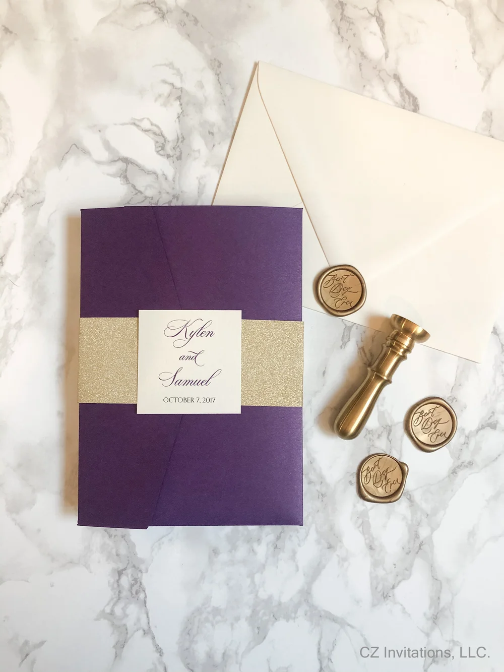 Plum and Gold Laser Cut Pocket Wedding Invitation — CZ INVITATIONS