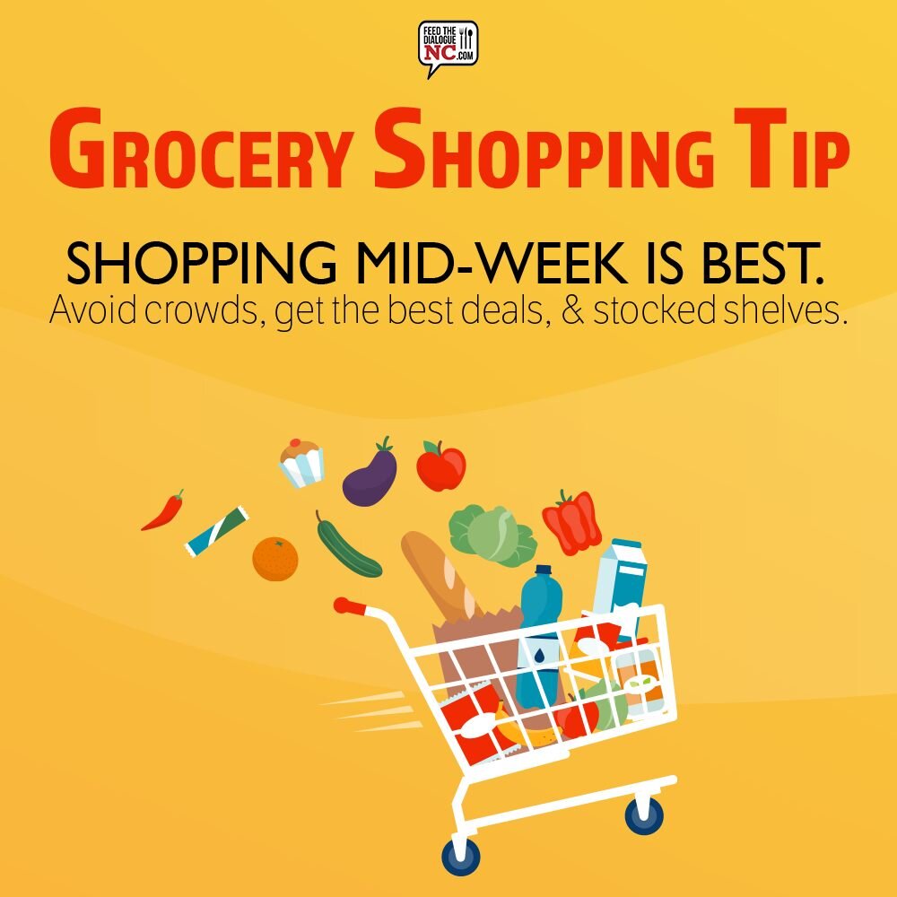 Hate having to fight crowds and long lines at the grocery store? Shop off-hours--first thing in the morning, late in the evening, and during the week. 
#groceryshopping #groceryshoppingtips #food #feedthedialoguenc
