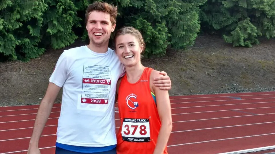 Lana Lacey celebrating a huge 5K PR with teammate, Alex Rockhill