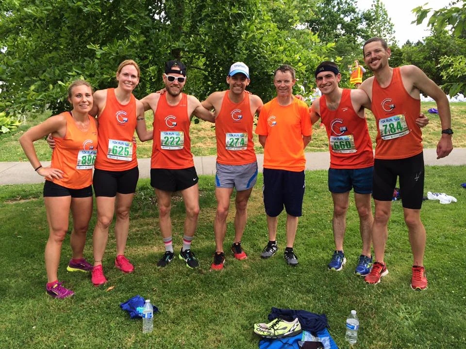 CNW teammates celebrating strong races all around after the Shore Run 5K and 10K