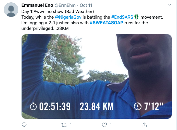Twitter- Emmanuel ran almost every day and dedicated his mile sto bith sweat4soap and raising awareness about the SARS situation in Nigeria.png