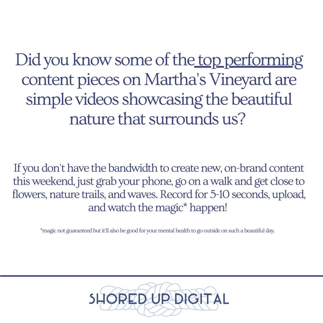 Did you know some of the top performing content pieces on Martha's Vineyard are simple videos showcasing the beautiful nature that surrounds us? 

If you don't have the bandwidth to create new, on-brand content this weekend, just grab your phone, go 