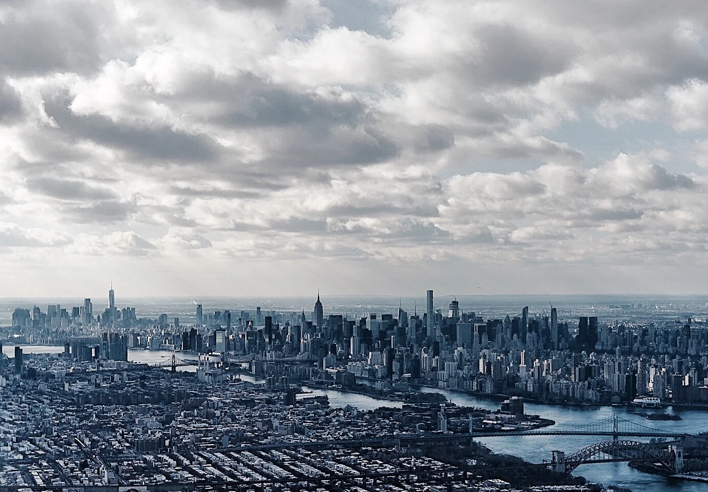 Over Queens looking toward the Manhattan Skyline.