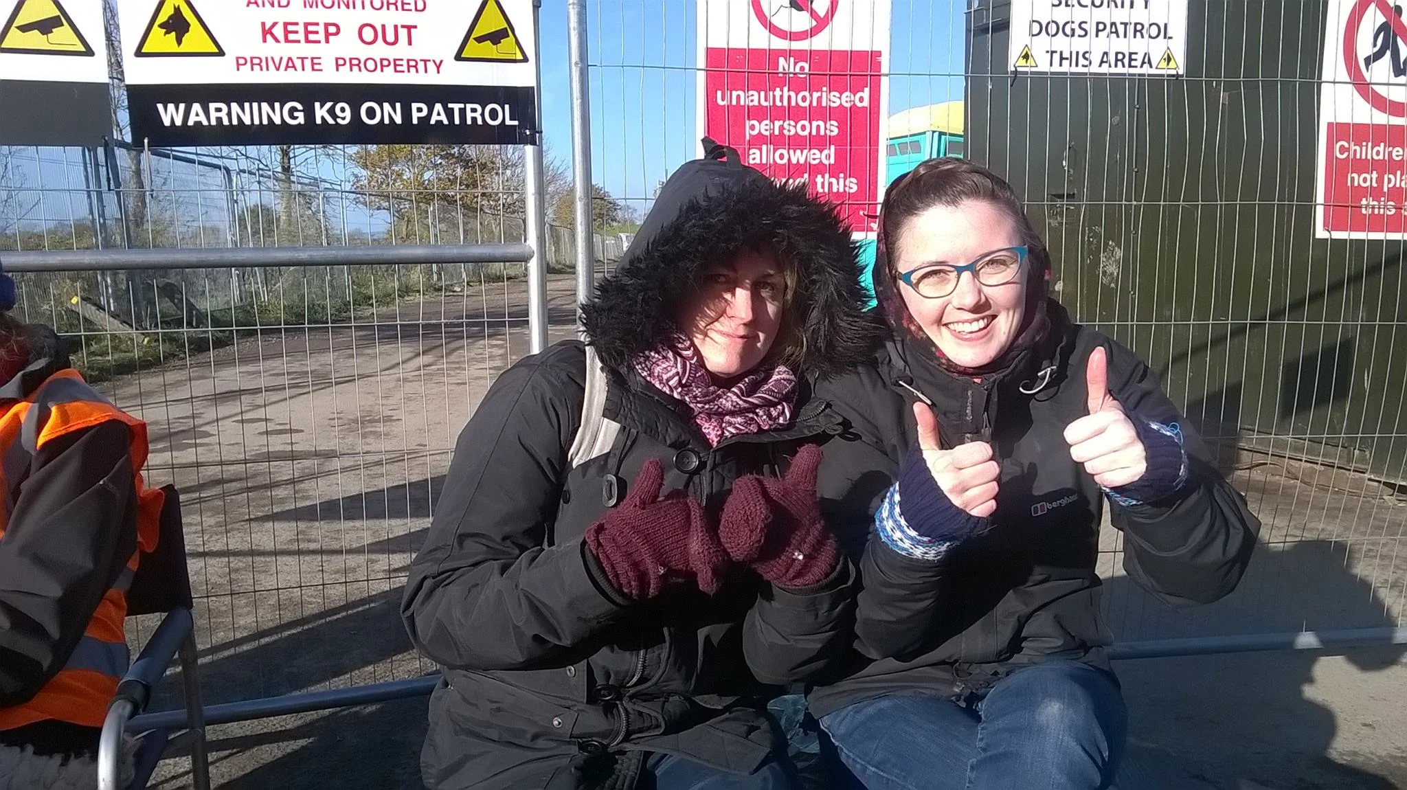 Myself and good friend theatre director Nat Quatermass giving the thumbs up for the anti-fracking movement outside the gates of KM8.